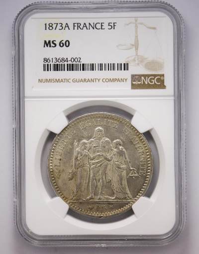 观钱 近现代机制币拍卖No.004（全场顺丰包邮）  - 法国第三共和国 “大力神” 5 法郎银币（NGC MS60）