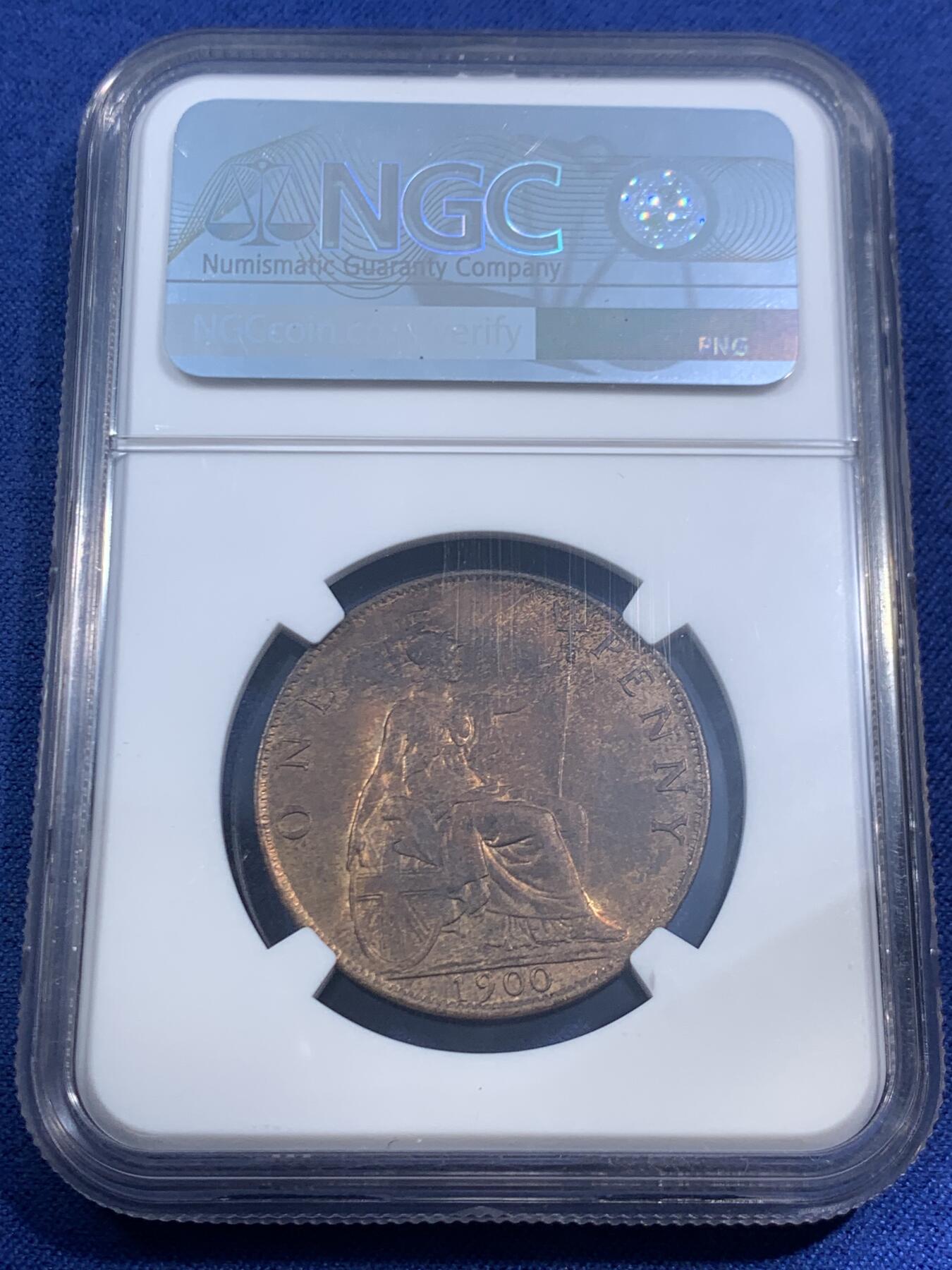 《竞宝斋》第470场 周日，周一，周二 3场连拍 （全场包邮）欢迎送拍 NGC MS63RB 英国1900年维多利亚1便士铜币