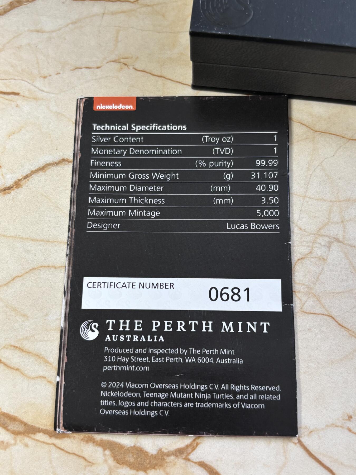 第194期拍卖 图瓦卢2024年忍者神龟彩色1盎司纪念银币，9999银，发行5000枚