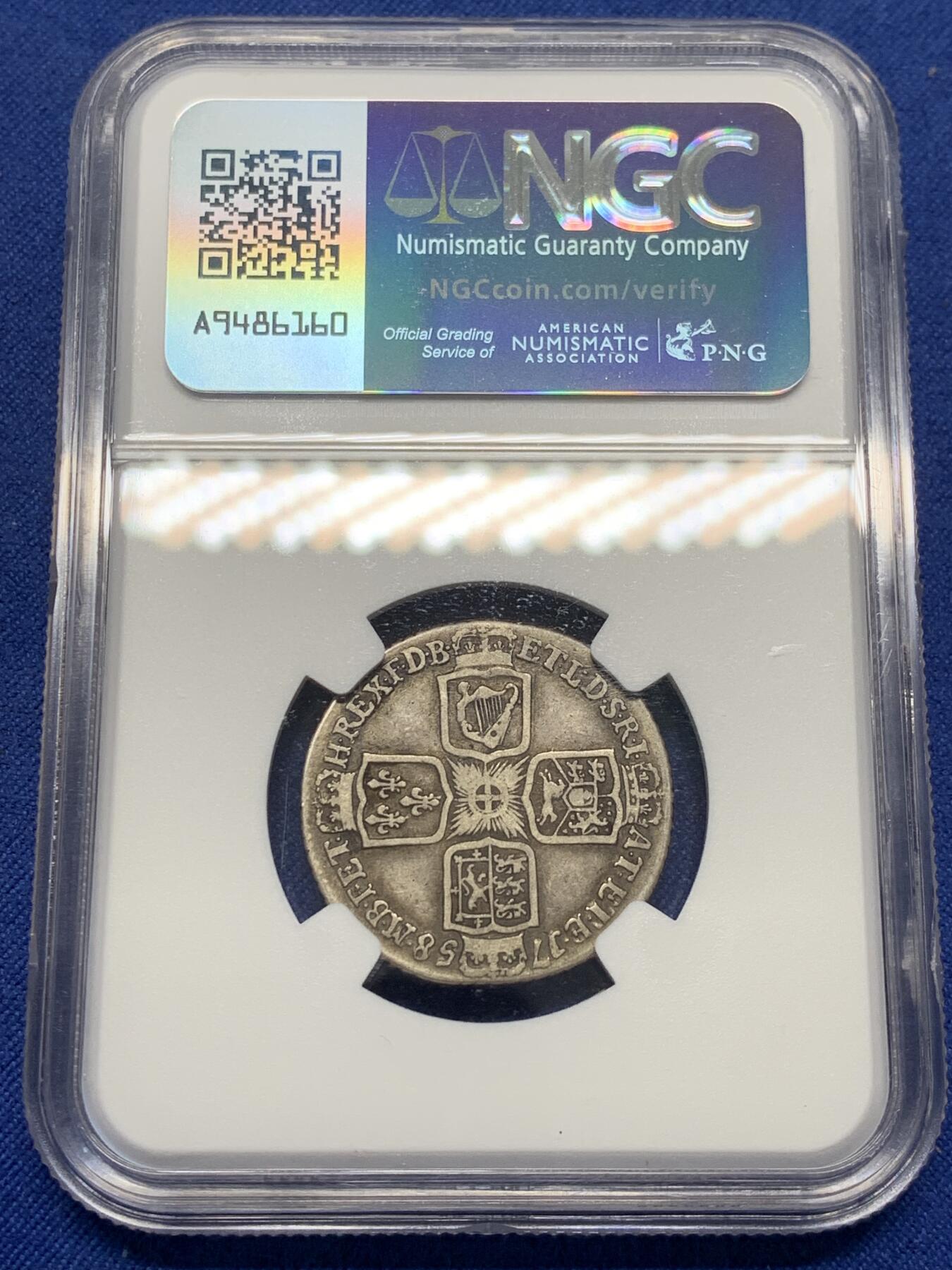 《竞宝斋》第470场 周日，周一，周二 3场连拍 （全场包邮）欢迎送拍 NGC VF25 英国1758年乔治二世1先令 出分不易