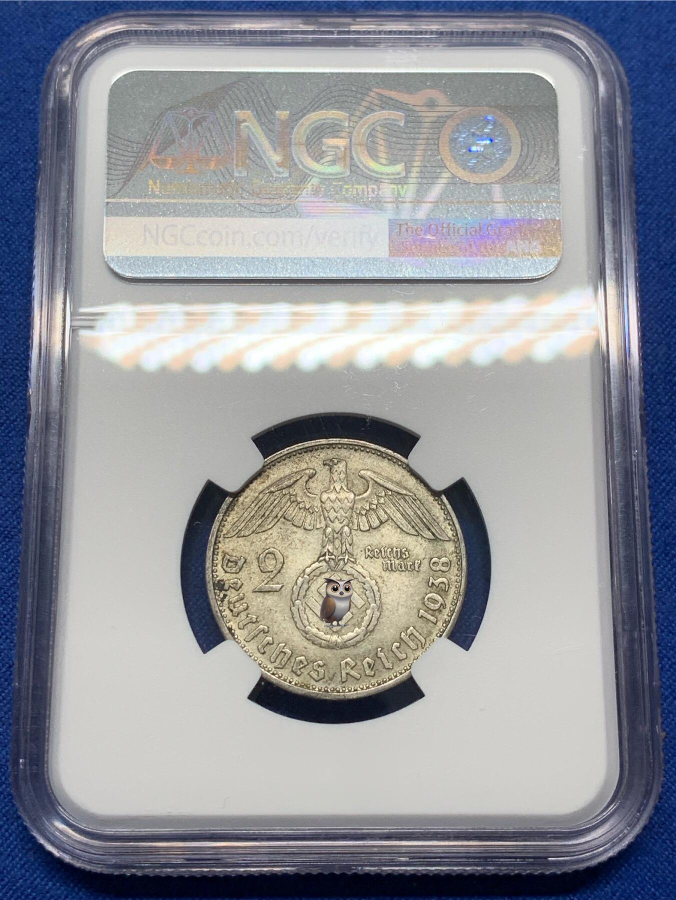 《竞宝斋》第470场 周日，周一，周二 3场连拍 （全场包邮）欢迎送拍 NGC MS63 德国1938年兴登堡带风车2马克银币，原味状态，分数不错