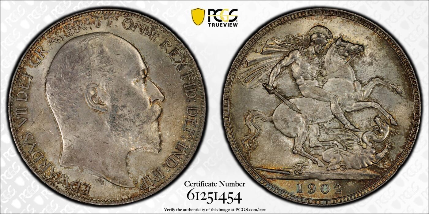 万国钱币拍卖第062期 PCGS MS63 1902年英国爱德华七世马剑克朗 高分难度大于精制的流通品种 车轮转光底板在油画般的英伦淡五彩包浆加持下更添魅力