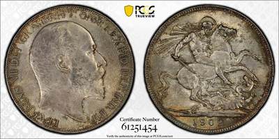 万国钱币拍卖第062期 - PCGS MS63 1902年英国爱德华七世马剑克朗 高分难度大于精制的流通品种 车轮转光底板在油画般的英伦淡五彩包浆加持下更添魅力