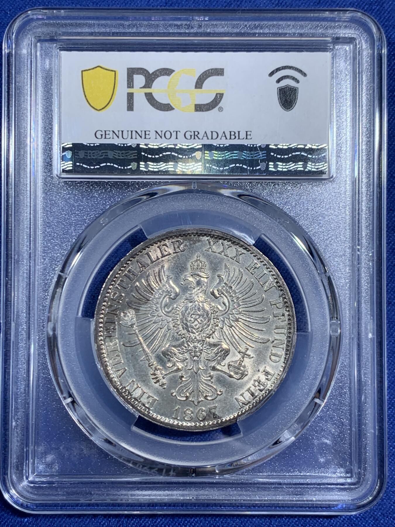 《竞宝斋》第470场 周日，周一，周二 3场连拍 （全场包邮）欢迎送拍 PCGS AUD 德国 普鲁士 1867年 威廉一世1泰勒银币