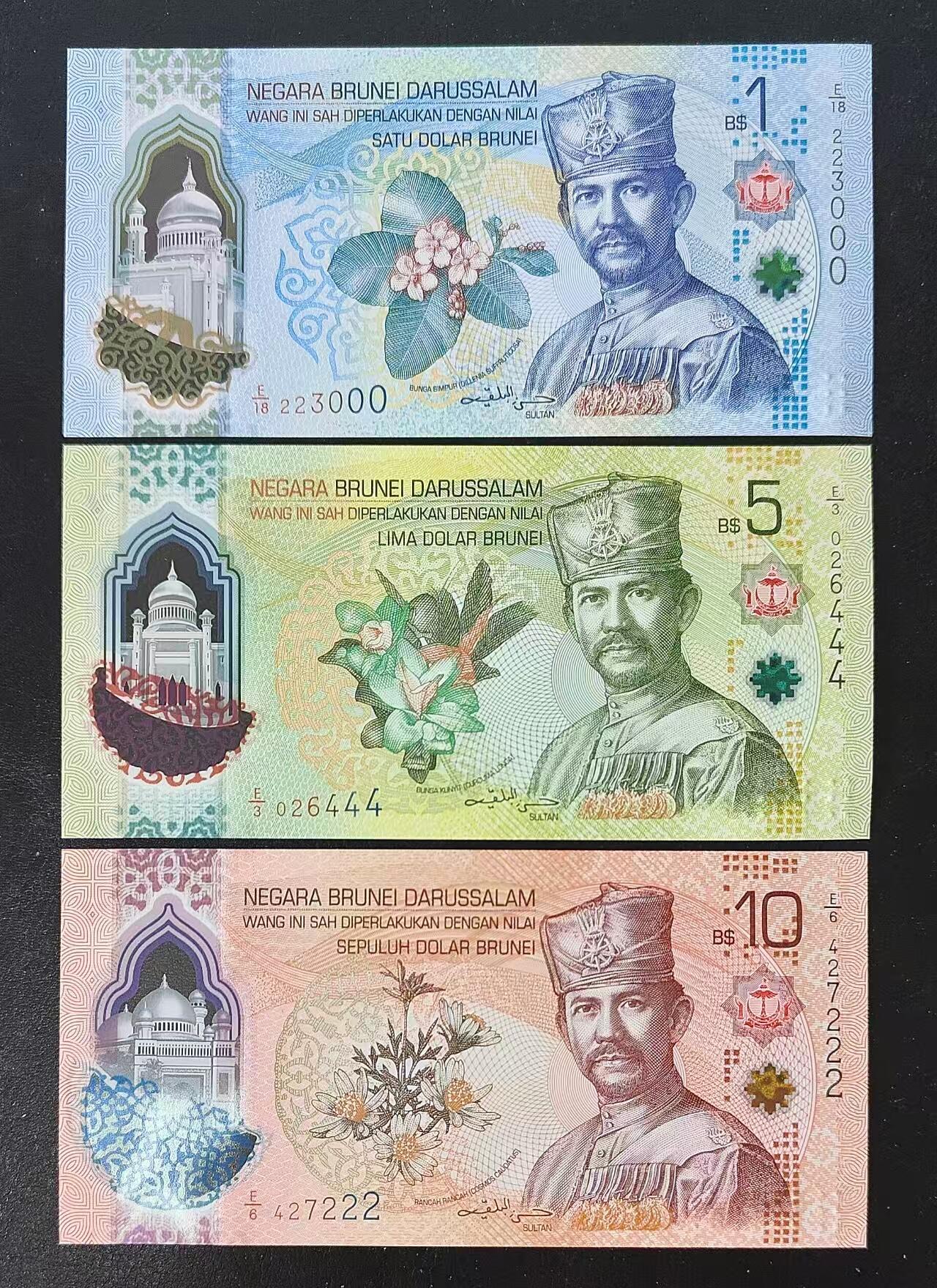 现货，2026年文莱1-500林吉特塑料钞，E/1首冠，趣味号码专场 2026年文莱1，5，10林吉特塑料钞3，豹子号