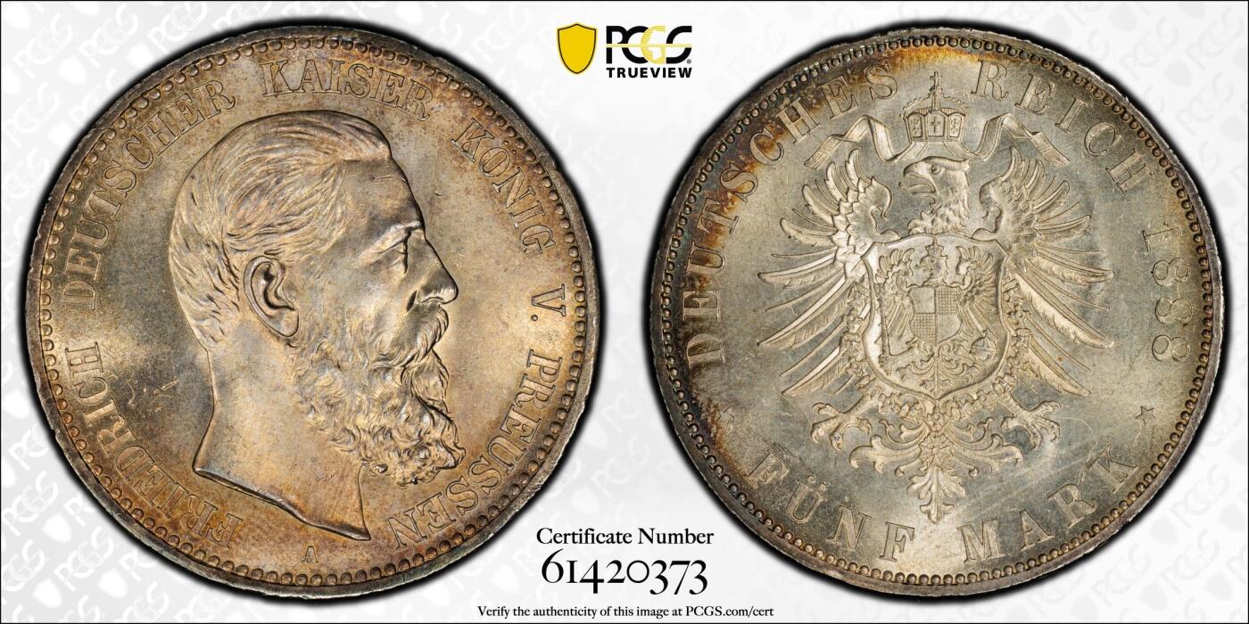 万国钱币拍卖第062期 PCGS MS63 1888你德国普鲁士三皇年腓特烈三世流通短翅5马克银币 油沁质感粉光底板 极美香槟金彩 收藏级品质