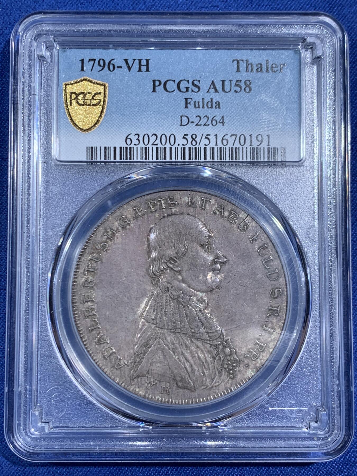 《竞宝斋》第470场 周日，周一，周二 3场连拍 （全场包邮）欢迎送拍 PCGS AU58 富尔达主教区 1796-VH 1泰勒银币 顶级巧克力包浆 反法战争主教区捐献银器铸造的贡献泰勒