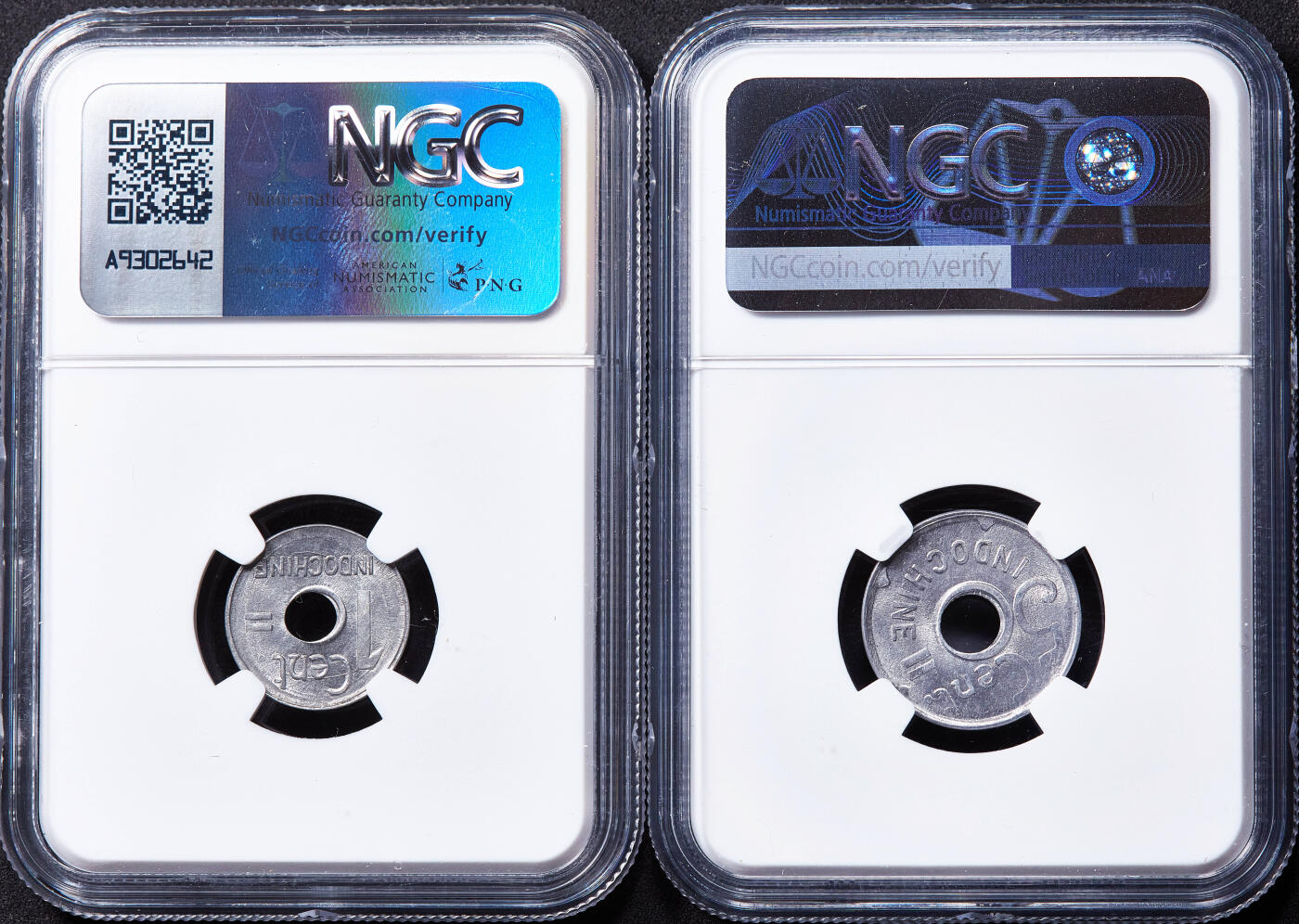 【俄甄集藏】2026年(049)03-18星期三 晚 19:30 全场包邮 法属印度支那1943年中孔1分、5分L铝币两枚一组，NGC MS65，转光品相