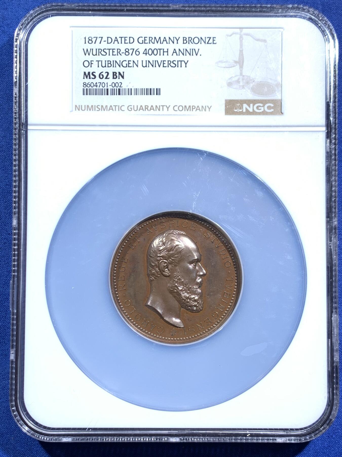 《竞宝斋》第470场 周日，周一，周二 3场连拍 （全场包邮）欢迎送拍 NGC MS62BN 德国 1877 符腾堡王国 图宾根大学建校400周年 大铜章 加厚加大盒