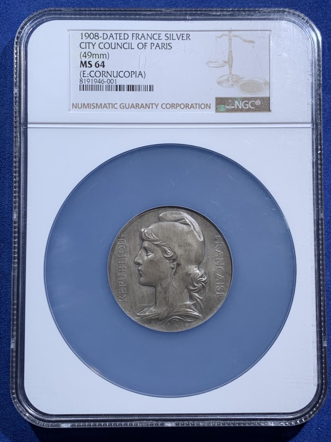 《竞宝斋》第470场 周日，周一，周二 3场连拍 （全场包邮）欢迎送拍 NGC MS64 法国1908年巴黎市议会纪念银章 加大盒装