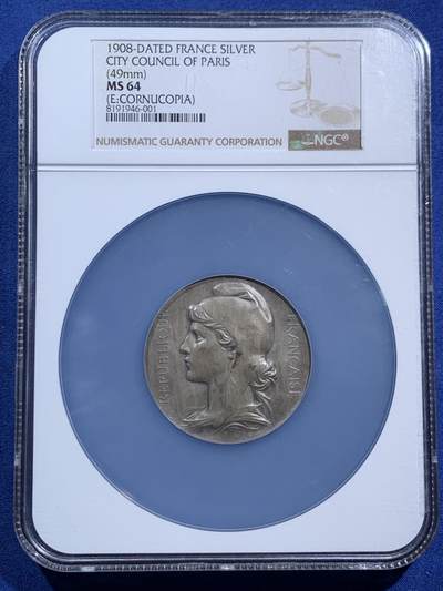 《竞宝斋》第470场 周日，周一，周二 3场连拍 （全场包邮）欢迎送拍 - NGC MS64 法国1908年巴黎市议会纪念银章 加大盒装