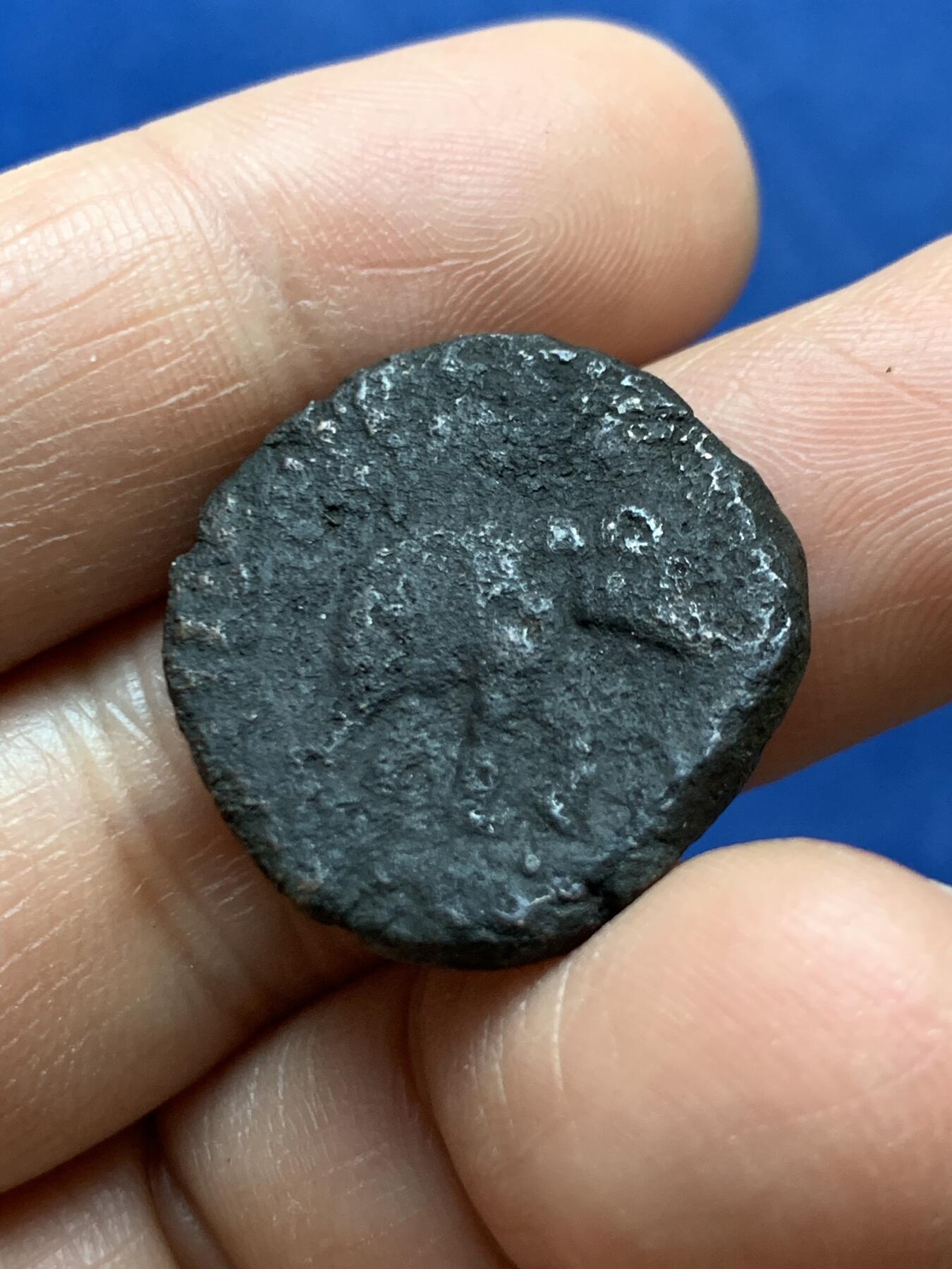 《竞宝斋》第470场 周日，周一，周二 3场连拍 （全场包邮）欢迎送拍 印度赛克王朝 阿泽斯二世5德拉马克打制铜币 公元前35-12世纪 正瘤牛背大象 该版铸造量极少 保存不易 图案铭文依稀可见 相较背站狮版极为罕见 大象版极少 喜欢丝路币的朋友可以凑版收藏