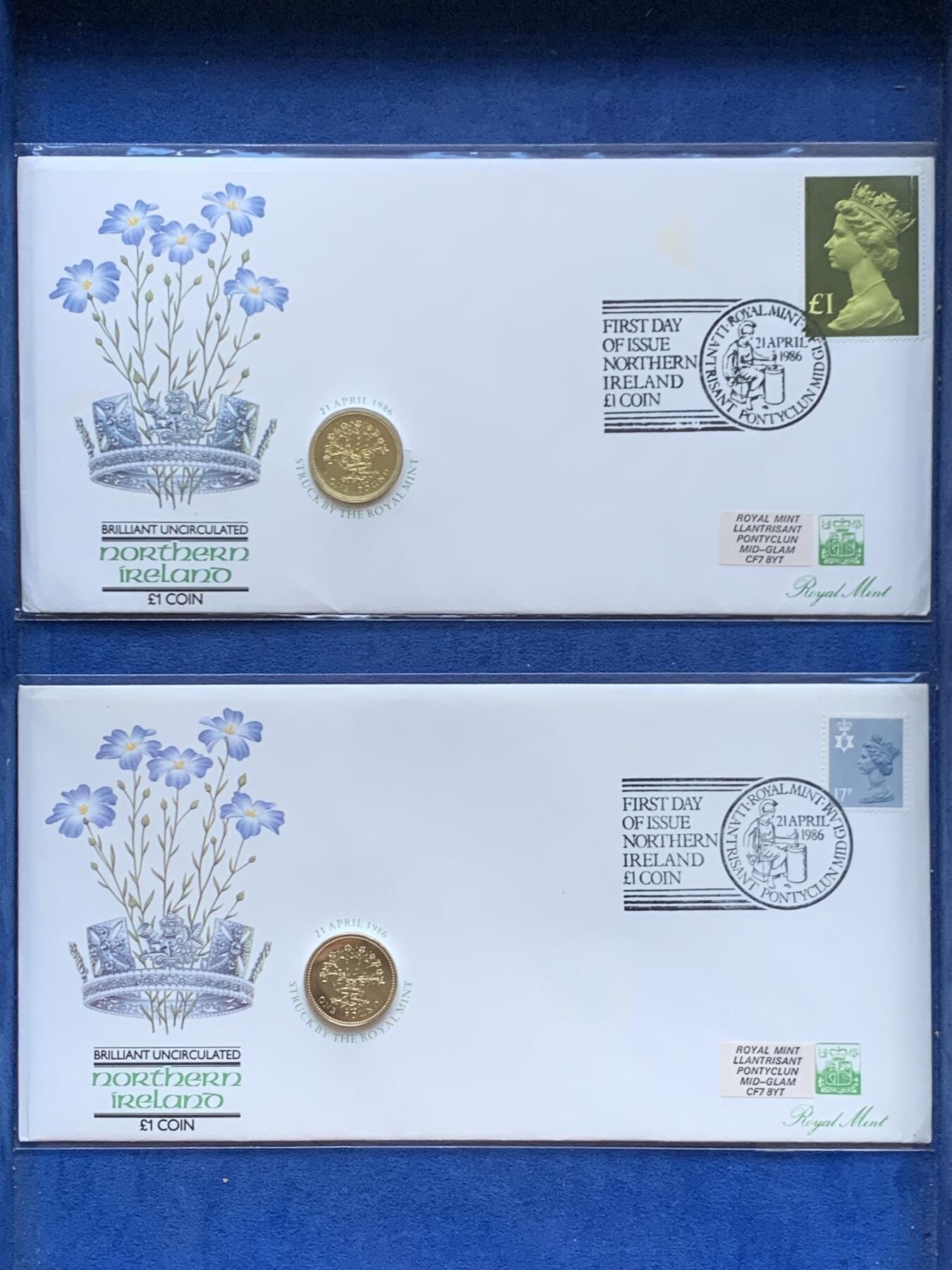 《竞宝斋》第470场 周日，周一，周二 3场连拍 （全场包邮）欢迎送拍 两枚一组 1986年英国老1英镑首日封/邮币封（Royal Mint和Royal Mail联合发行）