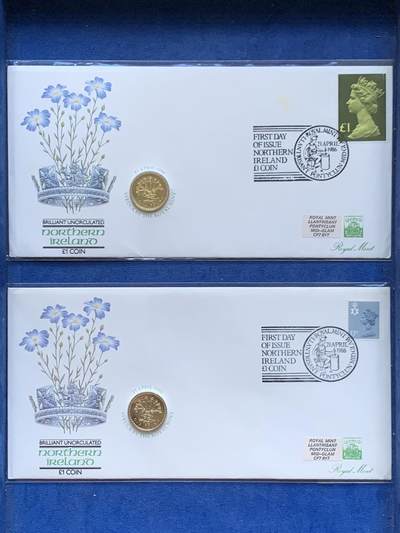 《竞宝斋》第470场 周日，周一，周二 3场连拍 （全场包邮）欢迎送拍 - 两枚一组 1986年英国老1英镑首日封/邮币封（Royal Mint和Royal Mail联合发行）