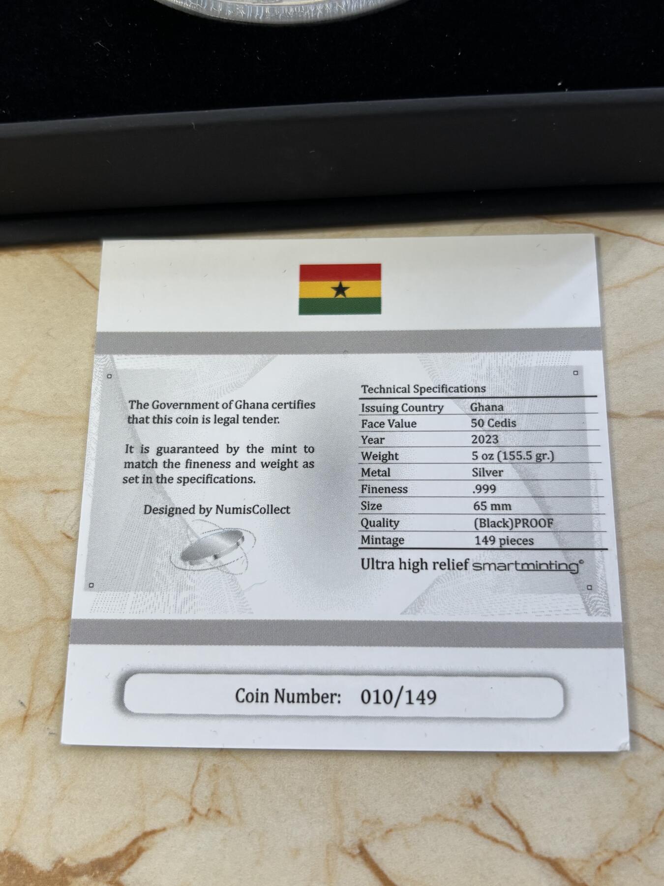 第194期拍卖 加纳2023年成长系列奔马5盎司单面钌化高浮雕银币，999银，发行149枚