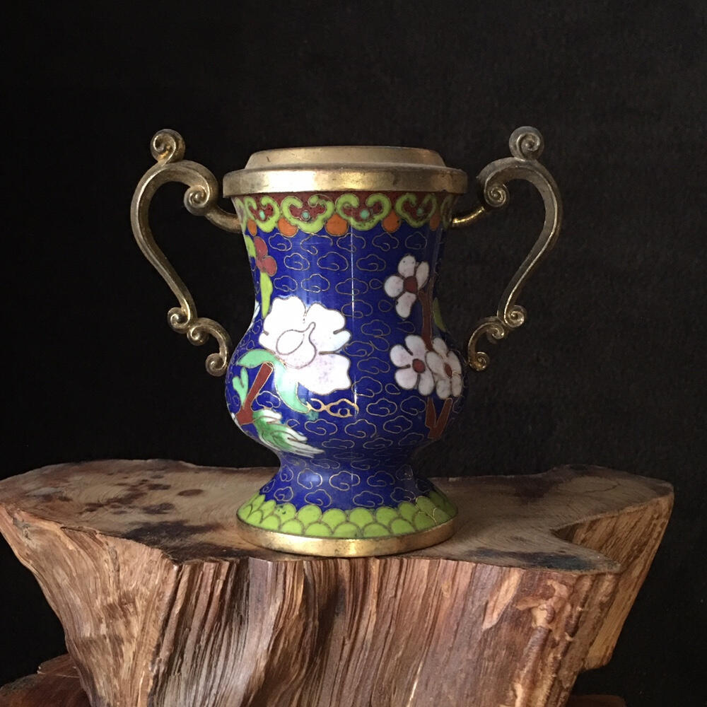        01c出口创汇时期景泰蓝铜胎掐丝珐琅双耳牡丹花瓶1个真品如图库存旧藏文玩艺术收藏