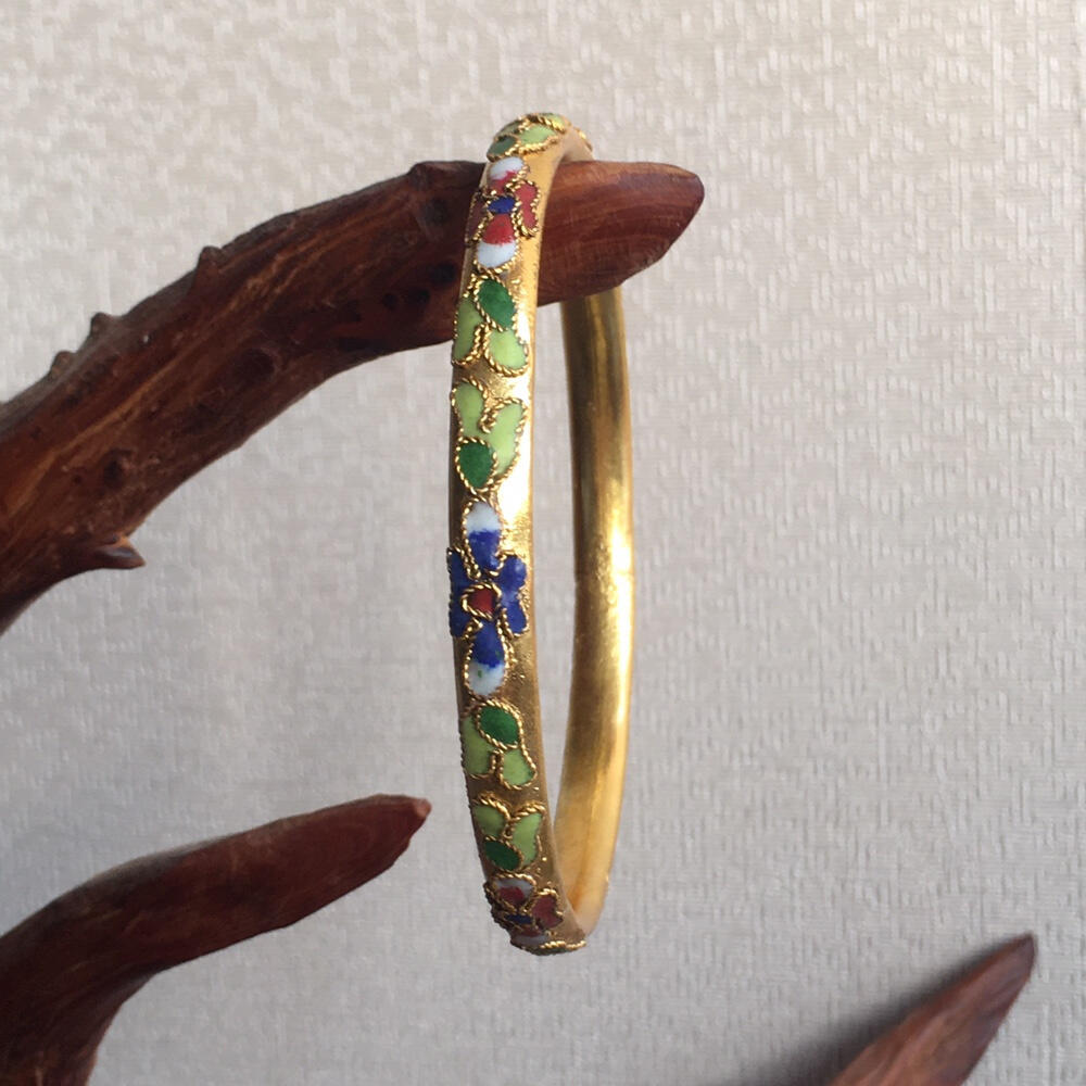     出口创汇时期景泰蓝铜胎掐丝珐琅镀金色花丝观赏手镯1只原版真品如图库存旧藏文玩艺术收藏