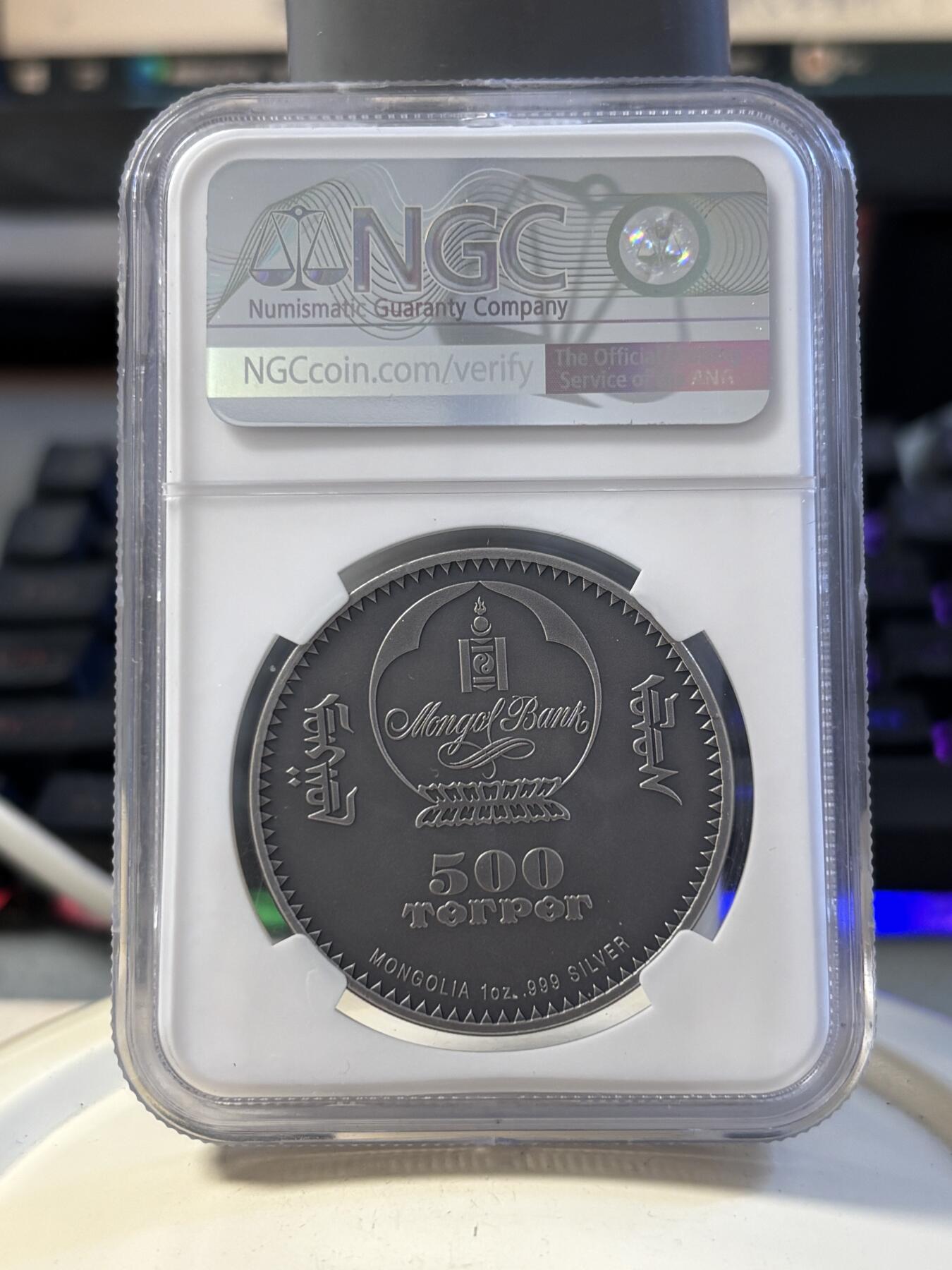 第194期拍卖 蒙古2021年生命进化人类头骨1盎司镀金银币NGC-MS70,999银镀玫瑰金,1盎司,38.61毫米,999枚