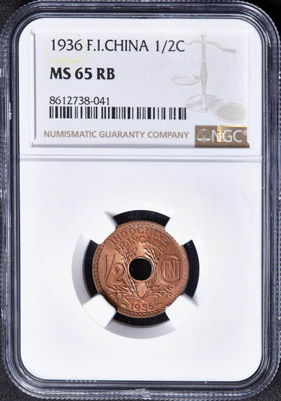 【俄甄集藏】2026年(049)03-18星期三 晚 19:30 全场包邮 - 法属印度支那1936年中孔1/2分铜币，NGC MS65RB，原铜光转品相，顶级状态
