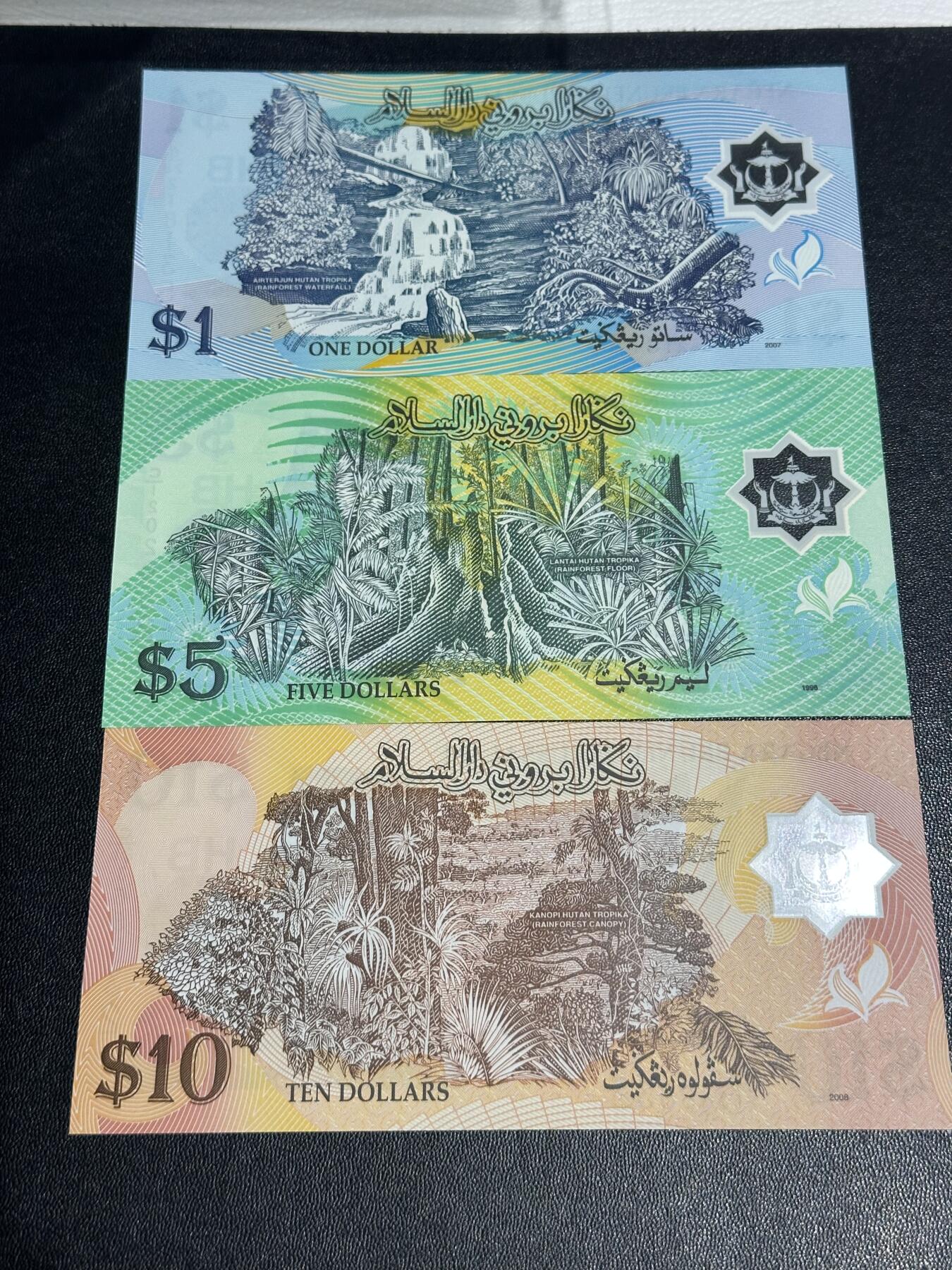 《外钞收藏家》第六百一十八期（精品场）（长期征集拍品、欢迎藏友们联系合作） 文莱倒三版本1/5/10林吉特塑料钞（其中5林吉特C1首发字冠，全程无47）	UNC