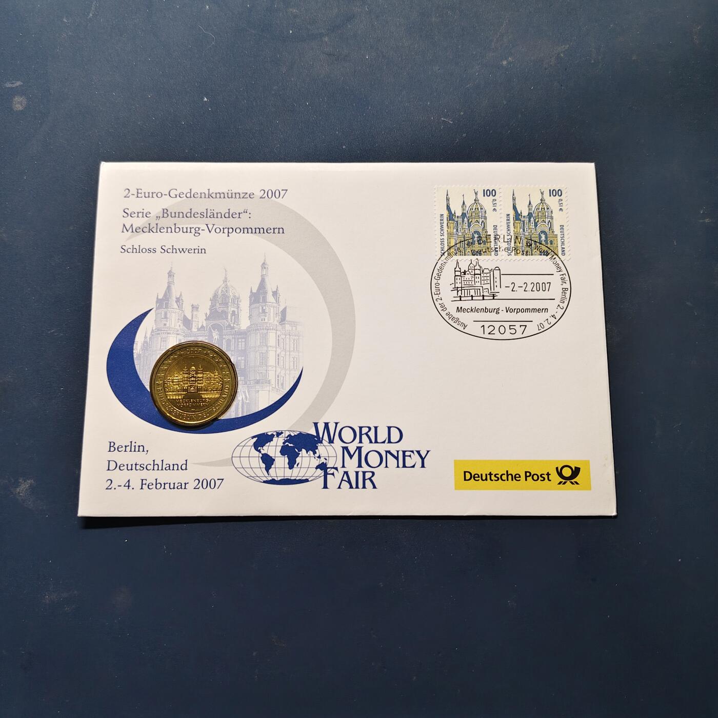 【全场包邮】纯粹捡漏拍512场 【邮币封】德国2007年2欧元州币系列梅克伦堡-伏波默恩州施韦林城堡双色纪念币邮币封