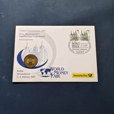 【全场包邮】纯粹捡漏拍512场 - 【邮币封】德国2007年2欧元州币系列梅克伦堡-伏波默恩州施韦林城堡双色纪念币邮币封