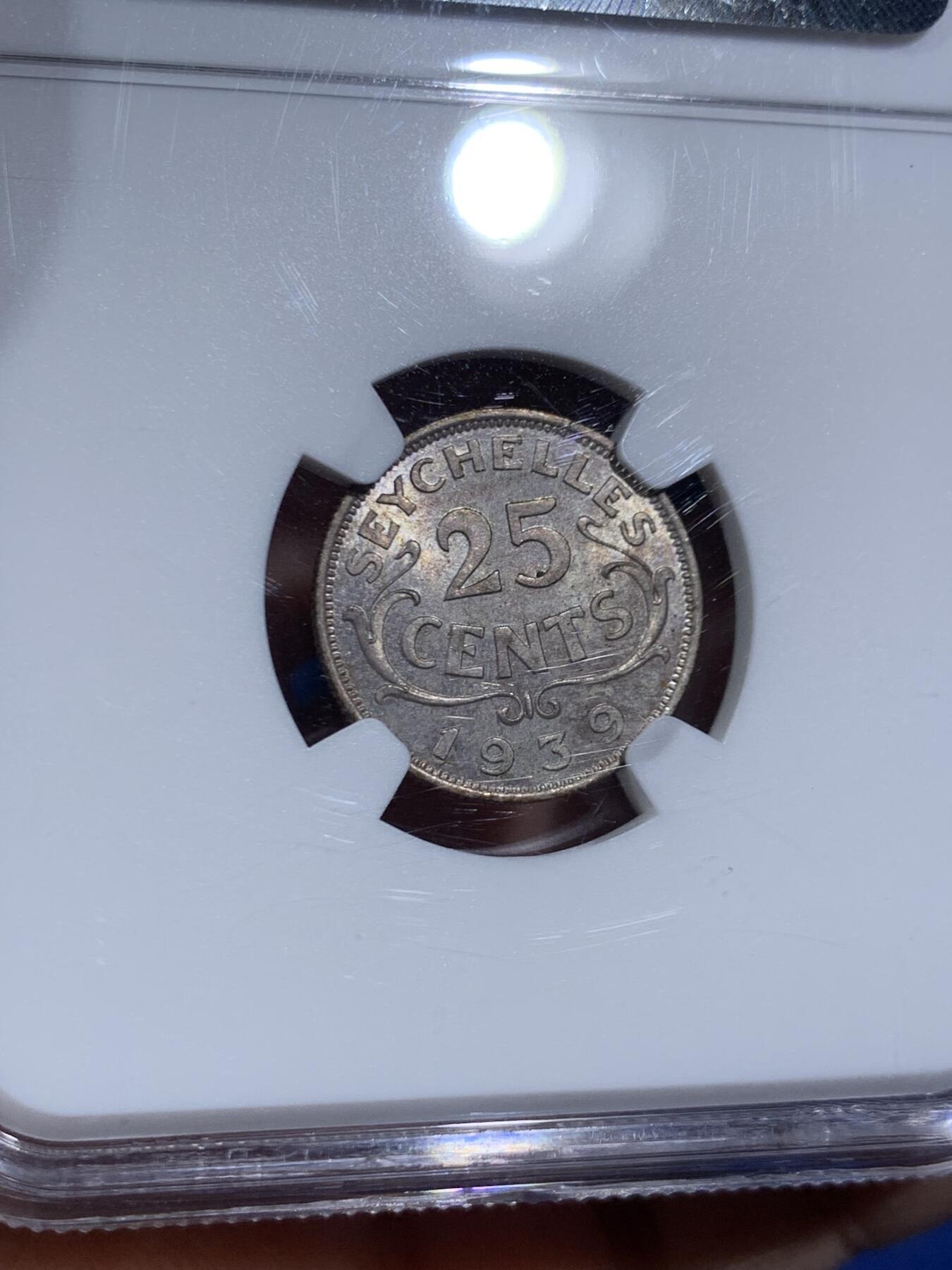 《竞宝斋》第470场 周日，周一，周二 3场连拍 （全场包邮）欢迎送拍 NGC MS62 英属塞舌尔1939年25分银币