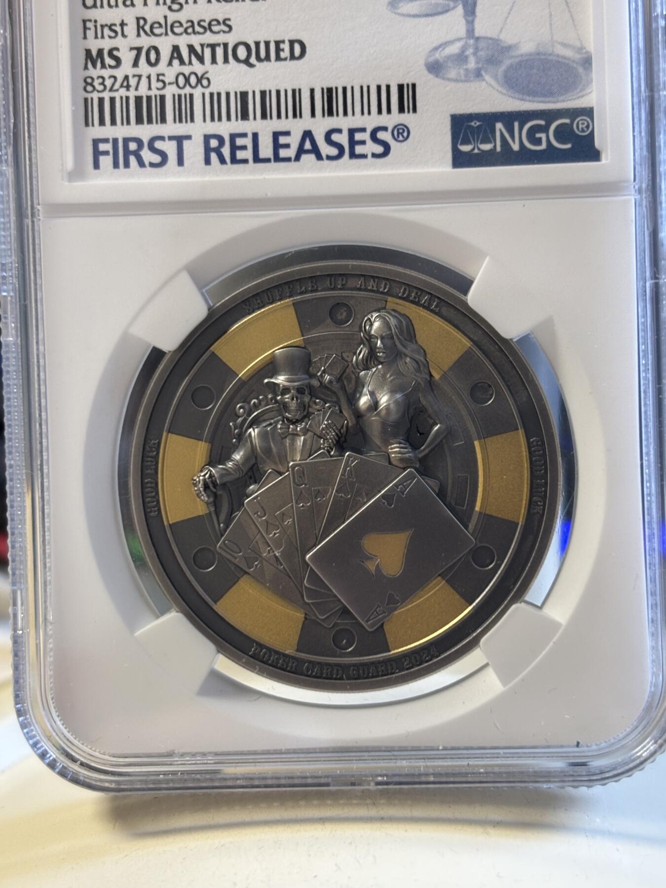 第194期拍卖 帕劳2024年扑克警卫镀金仿古浮雕银币NGC-MS70,9999银，1盎司，发行1111枚