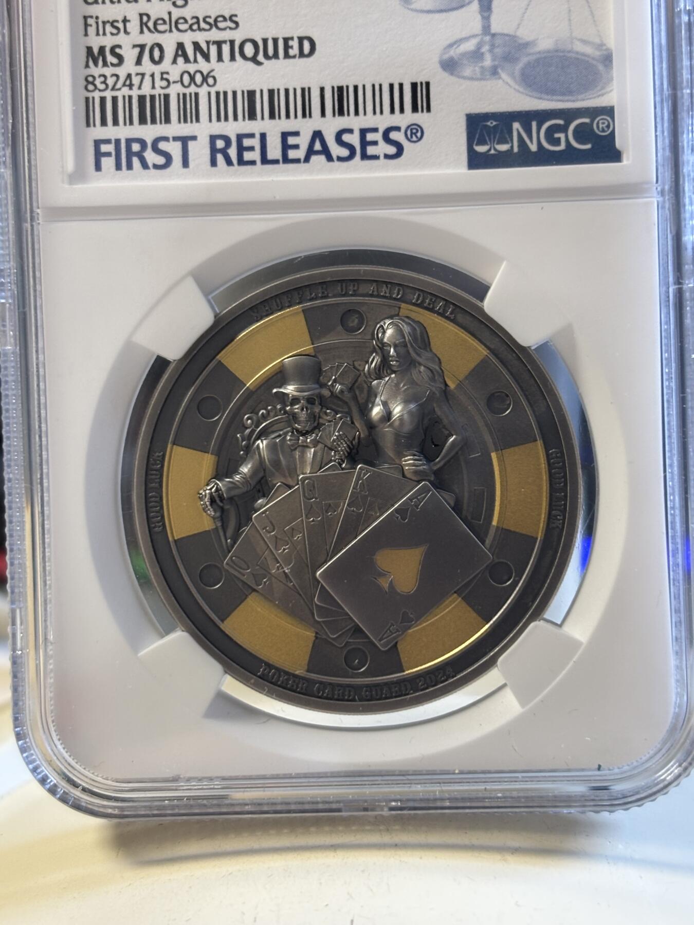 第194期拍卖 帕劳2024年扑克警卫镀金仿古浮雕银币NGC-MS70,9999银，1盎司，发行1111枚