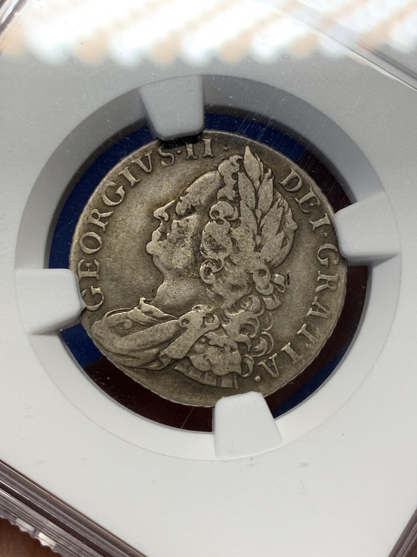 《竞宝斋》第470场 周日，周一，周二 3场连拍 （全场包邮）欢迎送拍 NGC VF25 英国1758年乔治二世1先令 出分不易