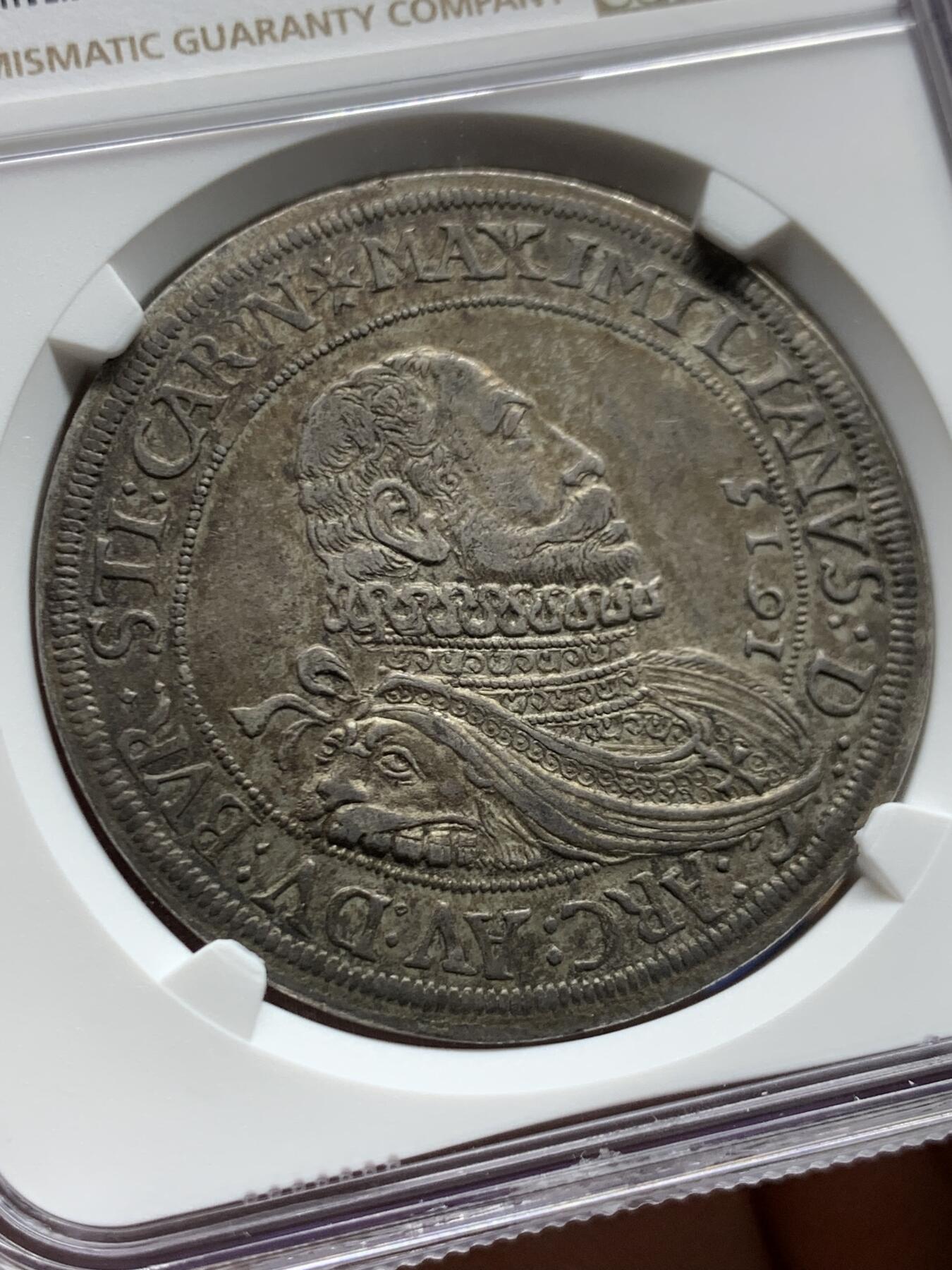 《竞宝斋》第470场 周日，周一，周二 3场连拍 （全场包邮）欢迎送拍 唯一冠军分 NGC AU58 德国 1615年 阿尔萨斯 马克西米利安三世 泰勒大银币 有分的只有2枚 不可错过的品种