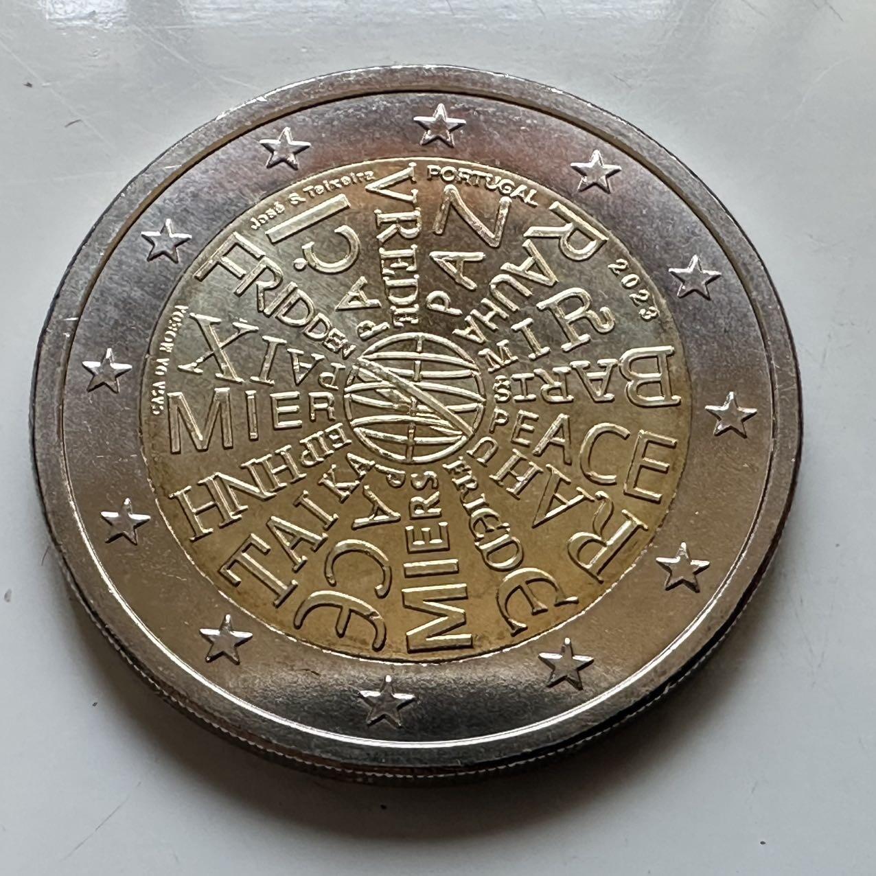 🌹外币初藏🌹🐯2026年第29场   欧元纪念币 接代拍 葡萄牙 2023年 和平主题多语言 2欧元双色纪念币