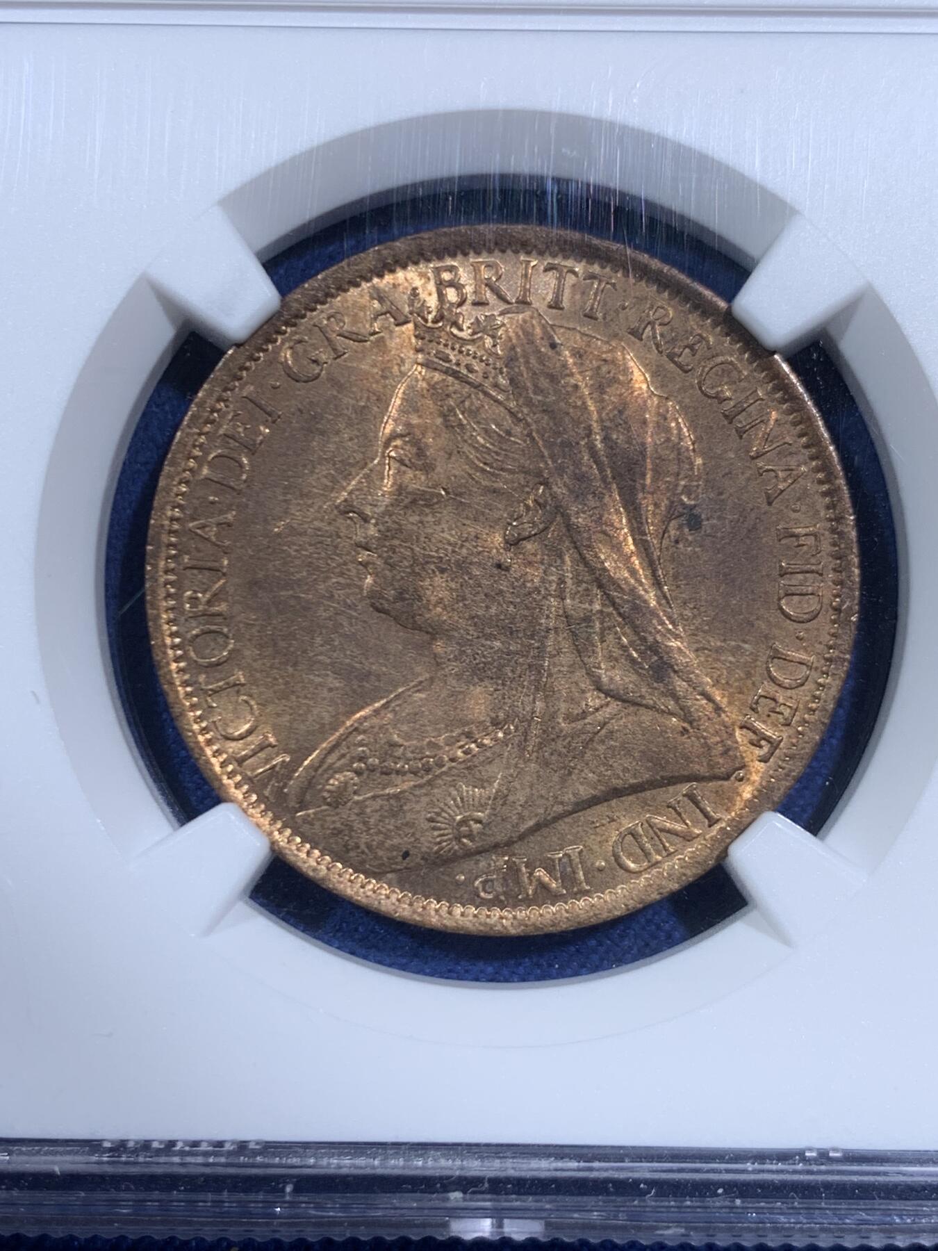 《竞宝斋》第470场 周日，周一，周二 3场连拍 （全场包邮）欢迎送拍 NGC MS63RB 英国1900年维多利亚1便士铜币