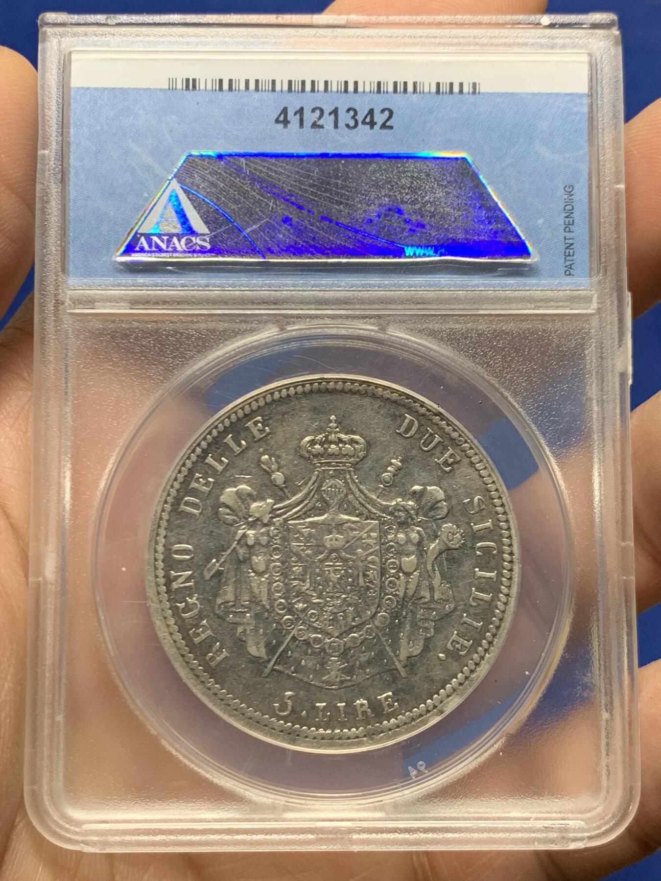 《竞宝斋》第470场 周日，周一，周二 3场连拍 （全场包邮）欢迎送拍 ANACS EF40 那不勒斯与西西里王国 1813年 5里拉 银币 拿破仑麾下名将缪拉统治时期发行 细节非常完整 传世黑包浆 转光很漂亮 克书价高 拿系币大珍品种