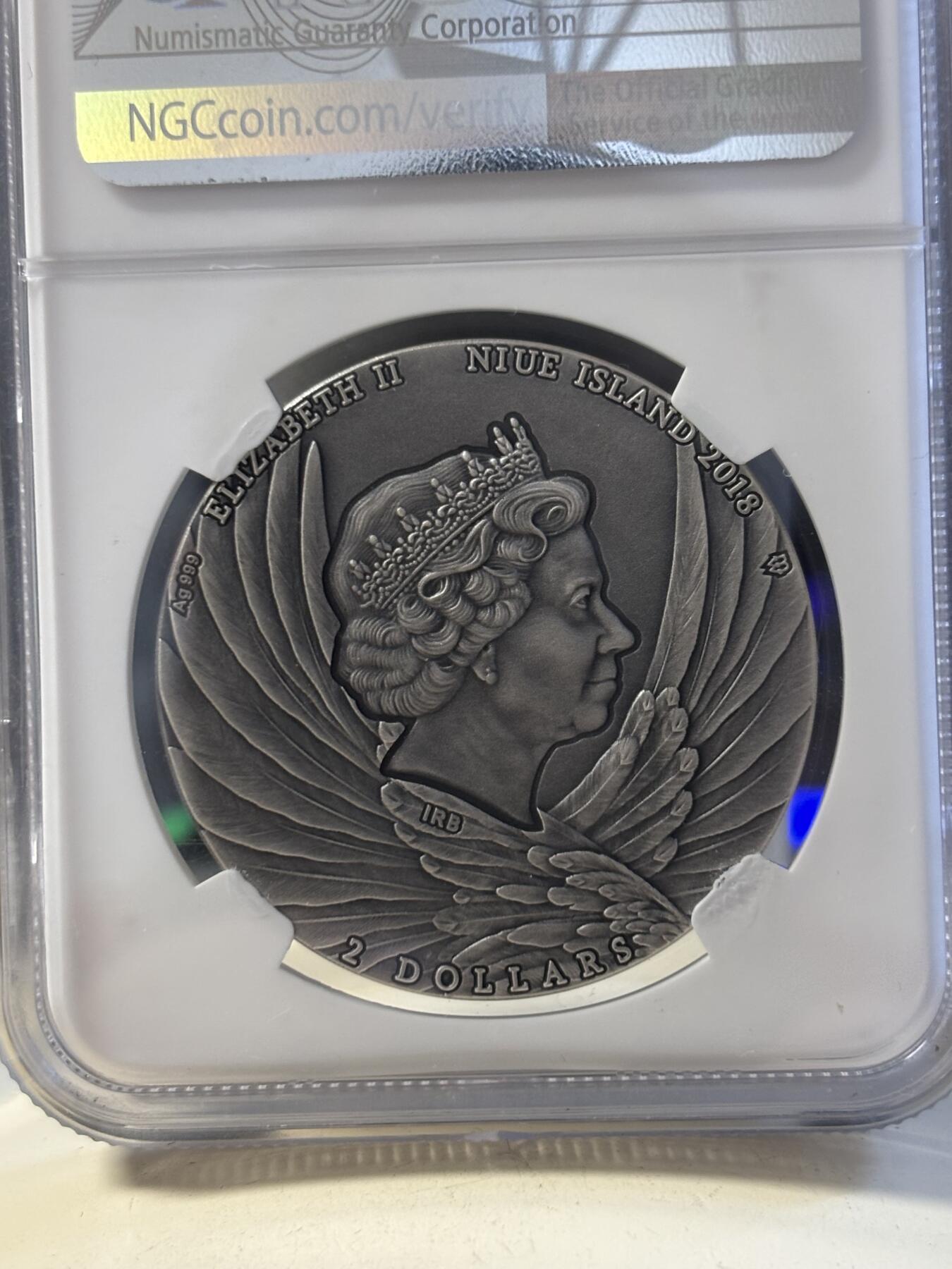 第194期拍卖 纽埃2018年菲律宾鹰镶嵌水晶仿古纪念银币NGC-MS70首，999银，发行500枚