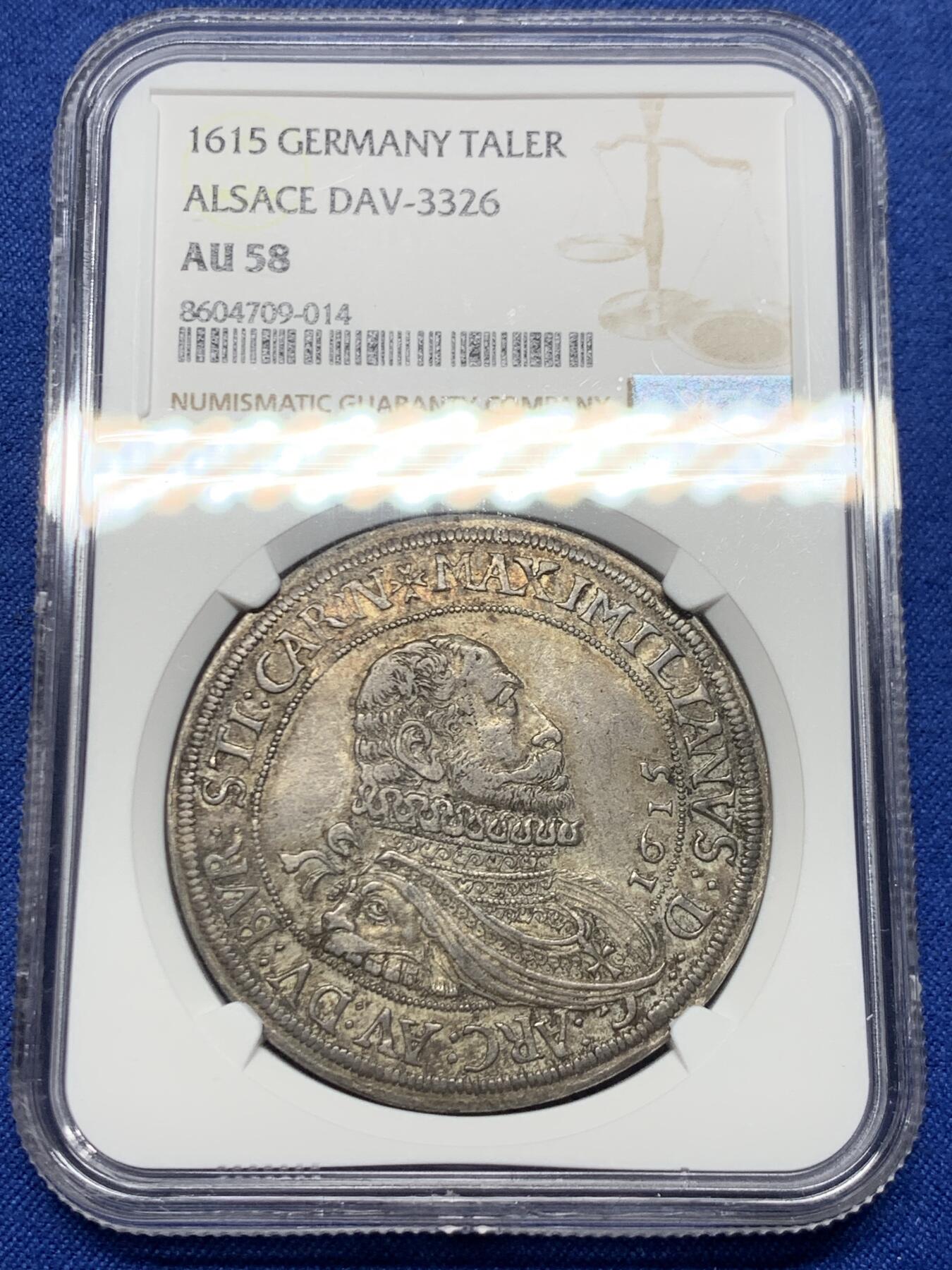 《竞宝斋》第470场 周日，周一，周二 3场连拍 （全场包邮）欢迎送拍 唯一冠军分 NGC AU58 德国 1615年 阿尔萨斯 马克西米利安三世 泰勒大银币 有分的只有2枚 不可错过的品种