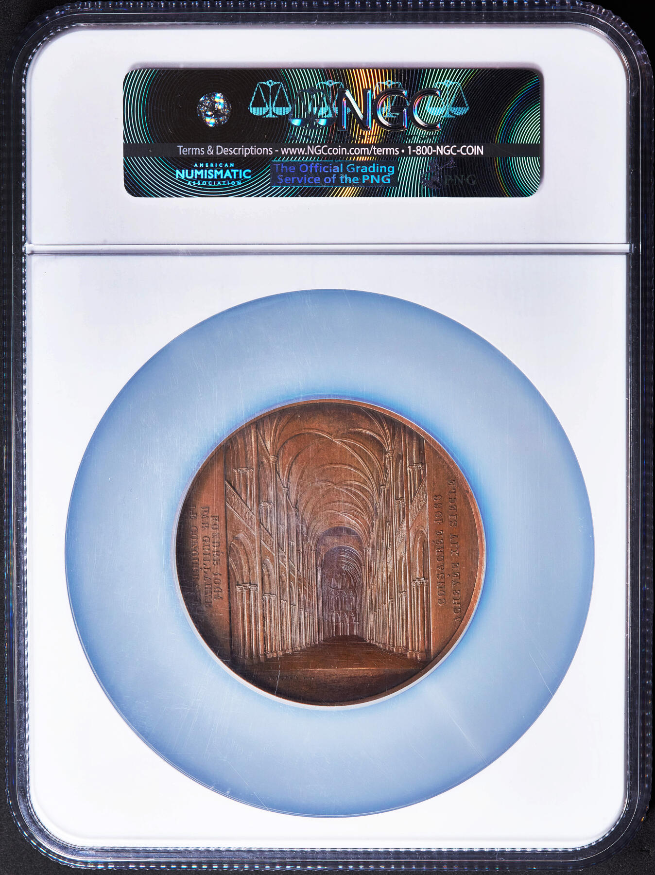 【俄甄集藏】2026年(049)03-18星期三 晚 19:30 全场包邮 比利时1862年章牌艺术大师雅克布·维纳教堂系列-法国圣艾蒂安教堂大铜章，NGC UNCD，直径60mm，巧克力包浆，名誉品种，设计经典