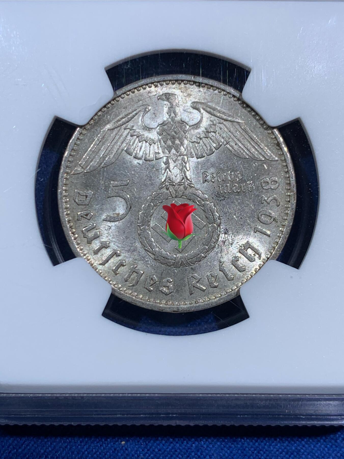 《竞宝斋》第470场 周日，周一，周二 3场连拍 （全场包邮）欢迎送拍 NGC MS62 德国1938年A版兴登堡5马克银币