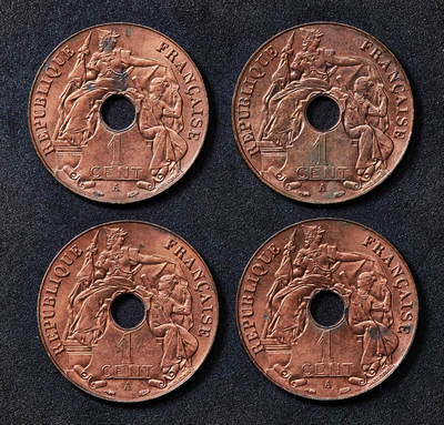 【俄甄集藏】2026年(049)03-18星期三 晚 19:30 全场包邮 - 法属印度支那1939年A版中孔百分之一（1分）铜币4枚一组，原光品相