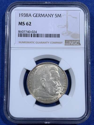 《竞宝斋》第470场 周日，周一，周二 3场连拍 （全场包邮）欢迎送拍 - NGC MS62 德国1938年A版兴登堡5马克银币