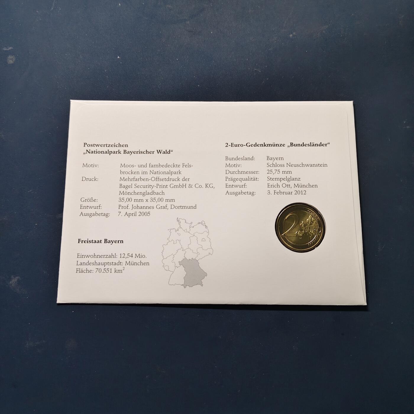 【全场包邮】纯粹捡漏拍512场 【邮币封】德国2012年2欧元州币系列巴伐利亚州新天鹅堡双色纪念币邮币封