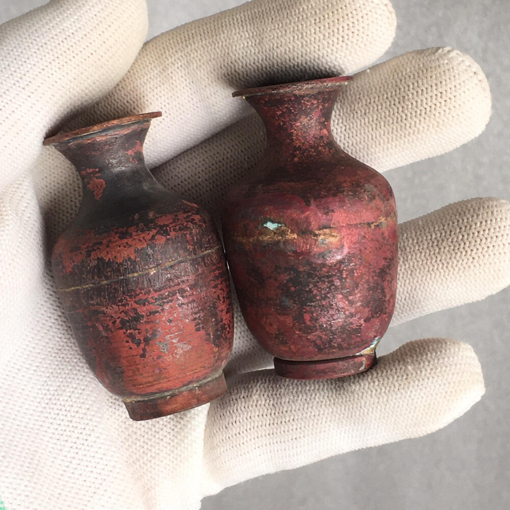        02c出口创汇时期紫铜小花瓶1对2个真品如图老铜器旧藏文玩艺术收藏