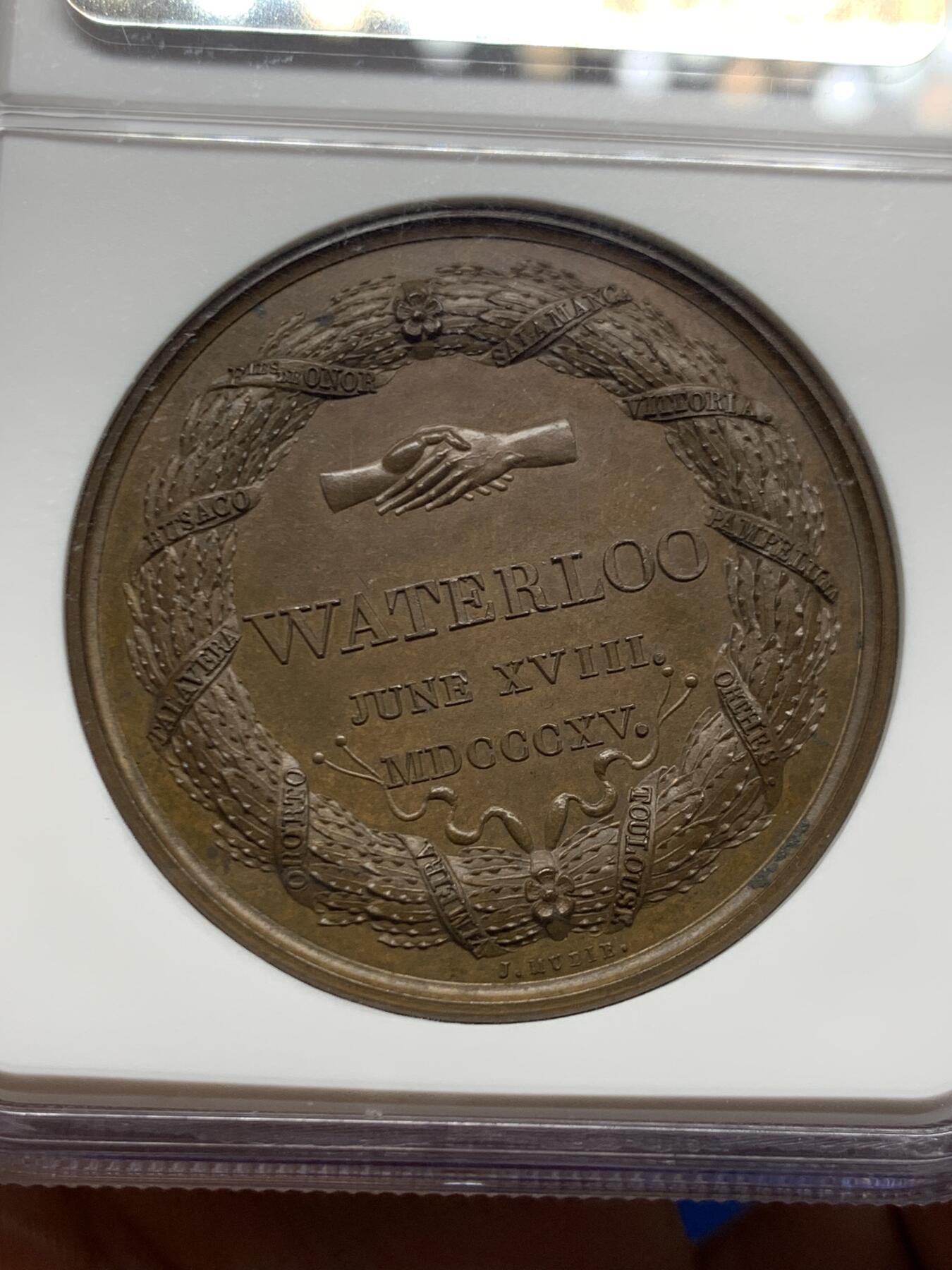 《竞宝斋》第470场 周日，周一，周二 3场连拍 （全场包邮）欢迎送拍 NGC MS64BN 英国滑铁卢战役纪念铜章，正面为威灵顿公爵侧像，穆迪战争系列，稀缺，加厚盒