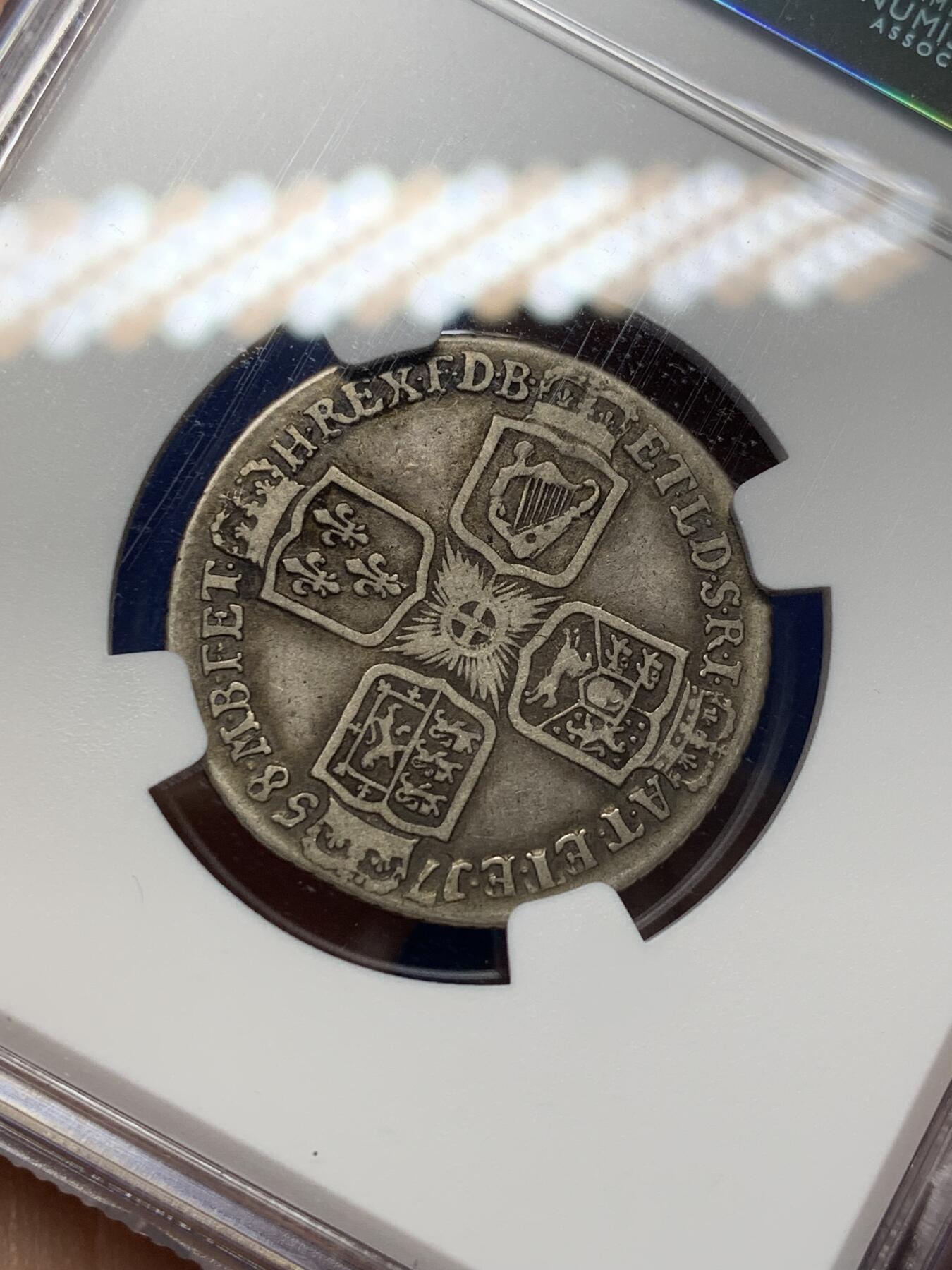 《竞宝斋》第470场 周日，周一，周二 3场连拍 （全场包邮）欢迎送拍 NGC VF25 英国1758年乔治二世1先令 出分不易