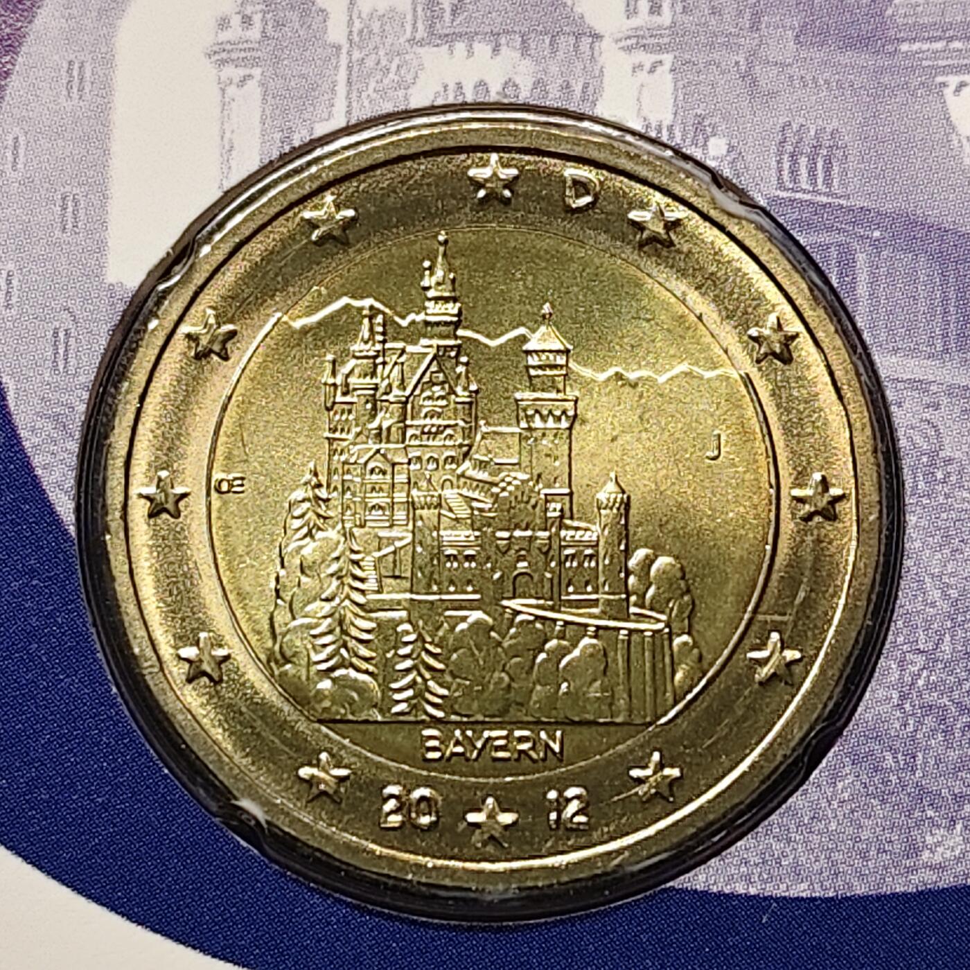 【全场包邮】纯粹捡漏拍512场 【邮币封】德国2012年2欧元州币系列巴伐利亚州新天鹅堡双色纪念币邮币封