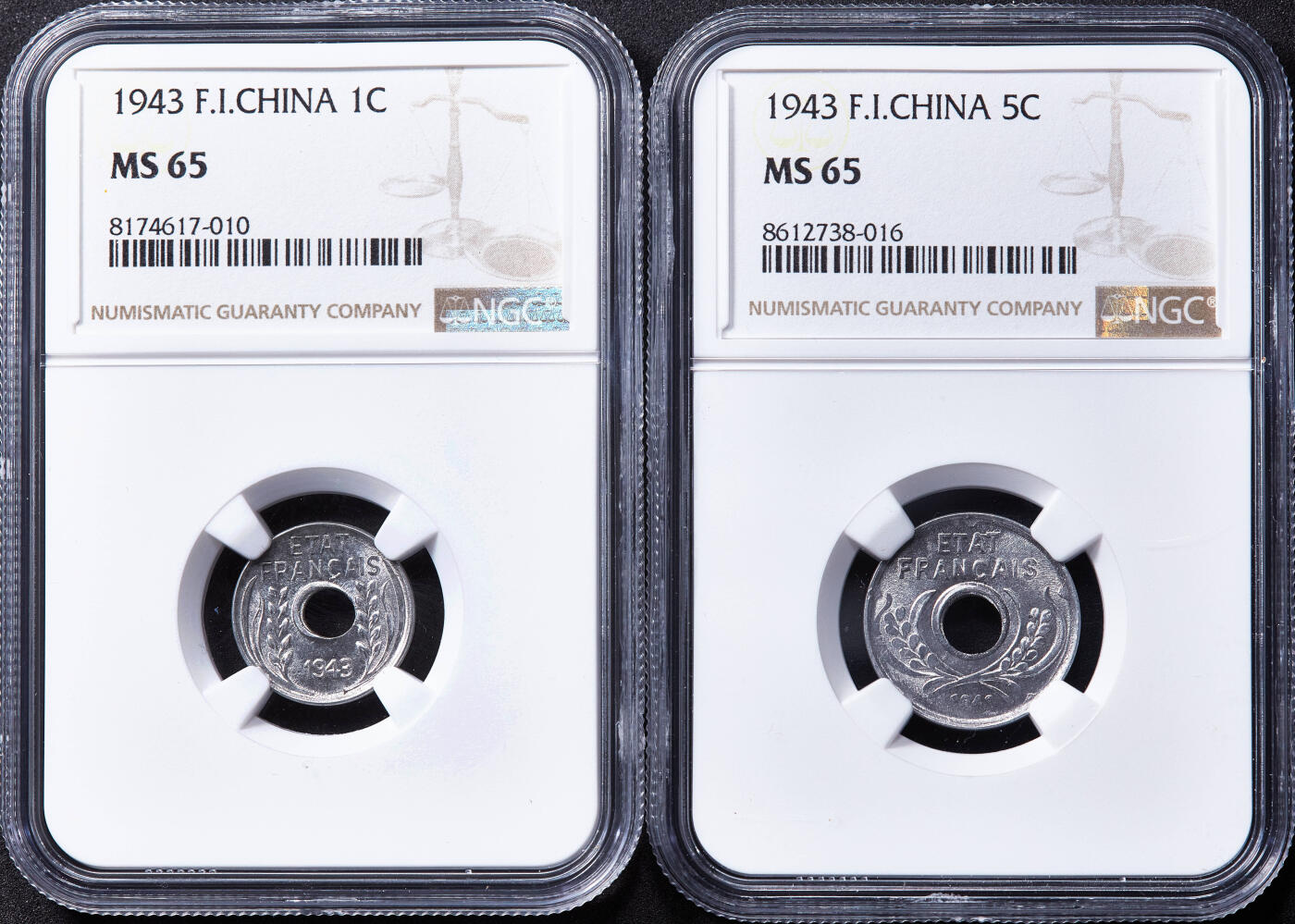 【俄甄集藏】2026年(049)03-18星期三 晚 19:30 全场包邮 法属印度支那1943年中孔1分、5分L铝币两枚一组，NGC MS65，转光品相