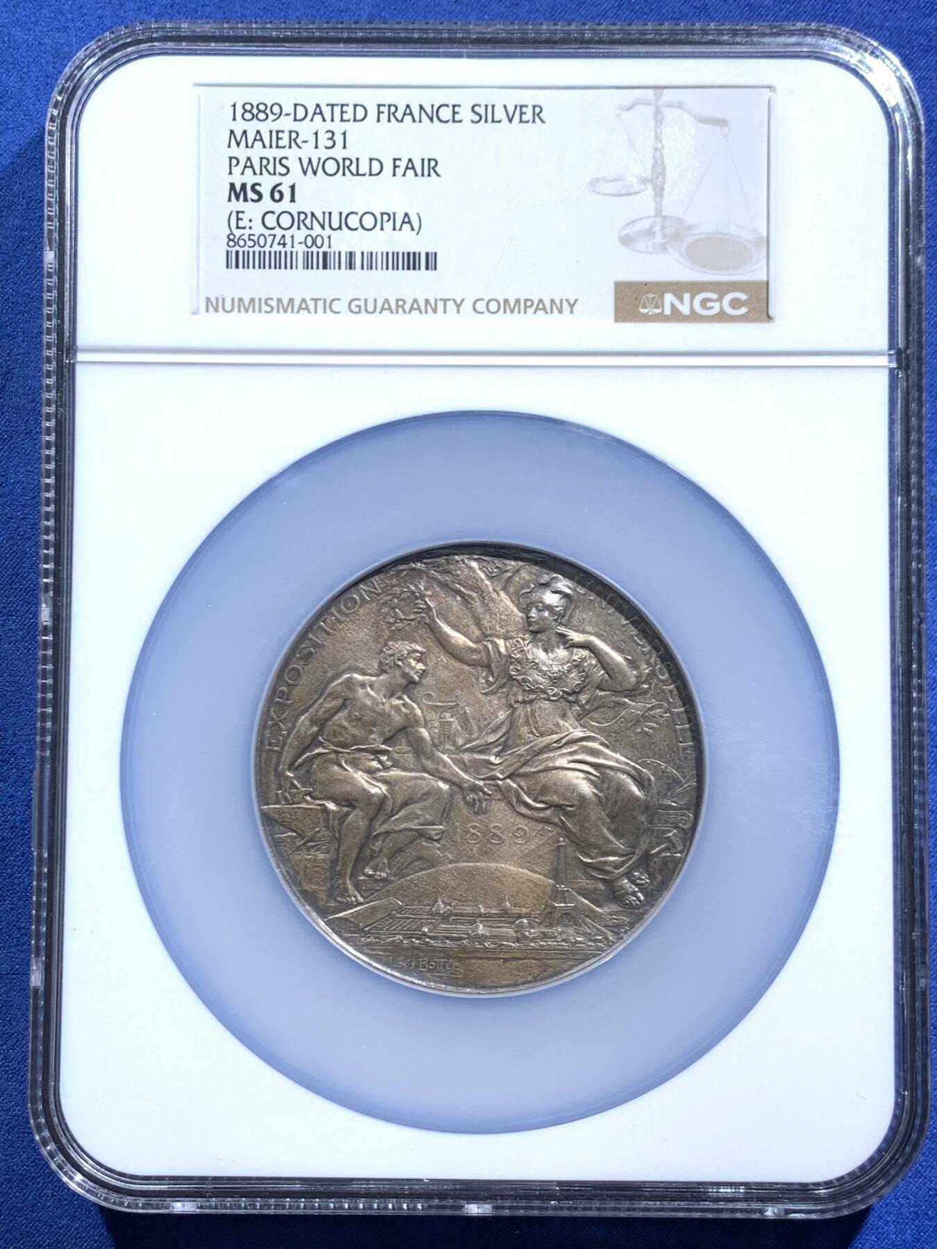 《竞宝斋》第470场 周日，周一，周二 3场连拍 （全场包邮）欢迎送拍 名家名作 NGC MS61 法国1889年巴黎世界博览会纪念大银章 加大加厚盒