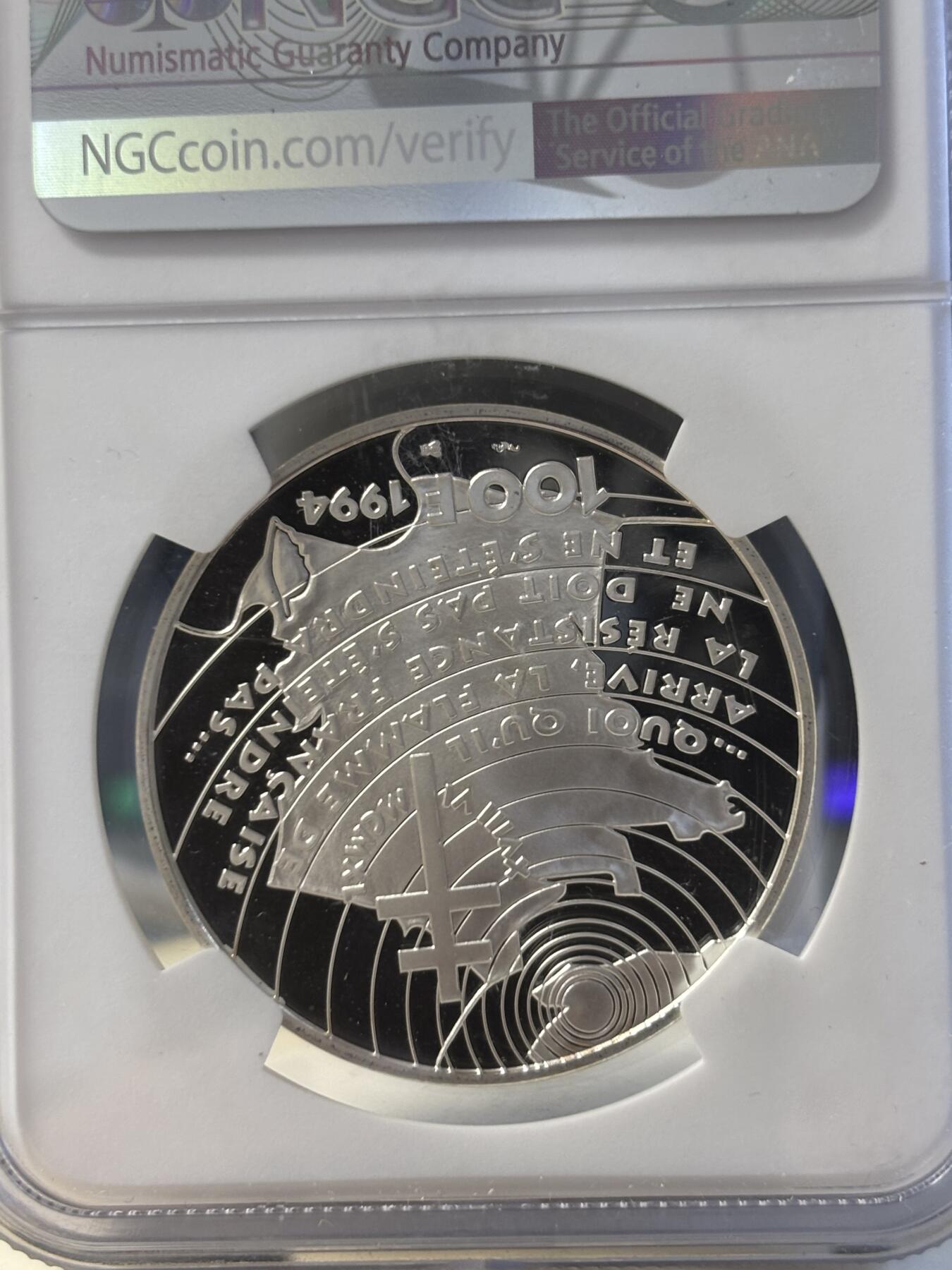 第194期拍卖 法国1994年二战系列戴高乐演讲纪念银样币NGC-PF69，900银，22.2克，发行1850枚