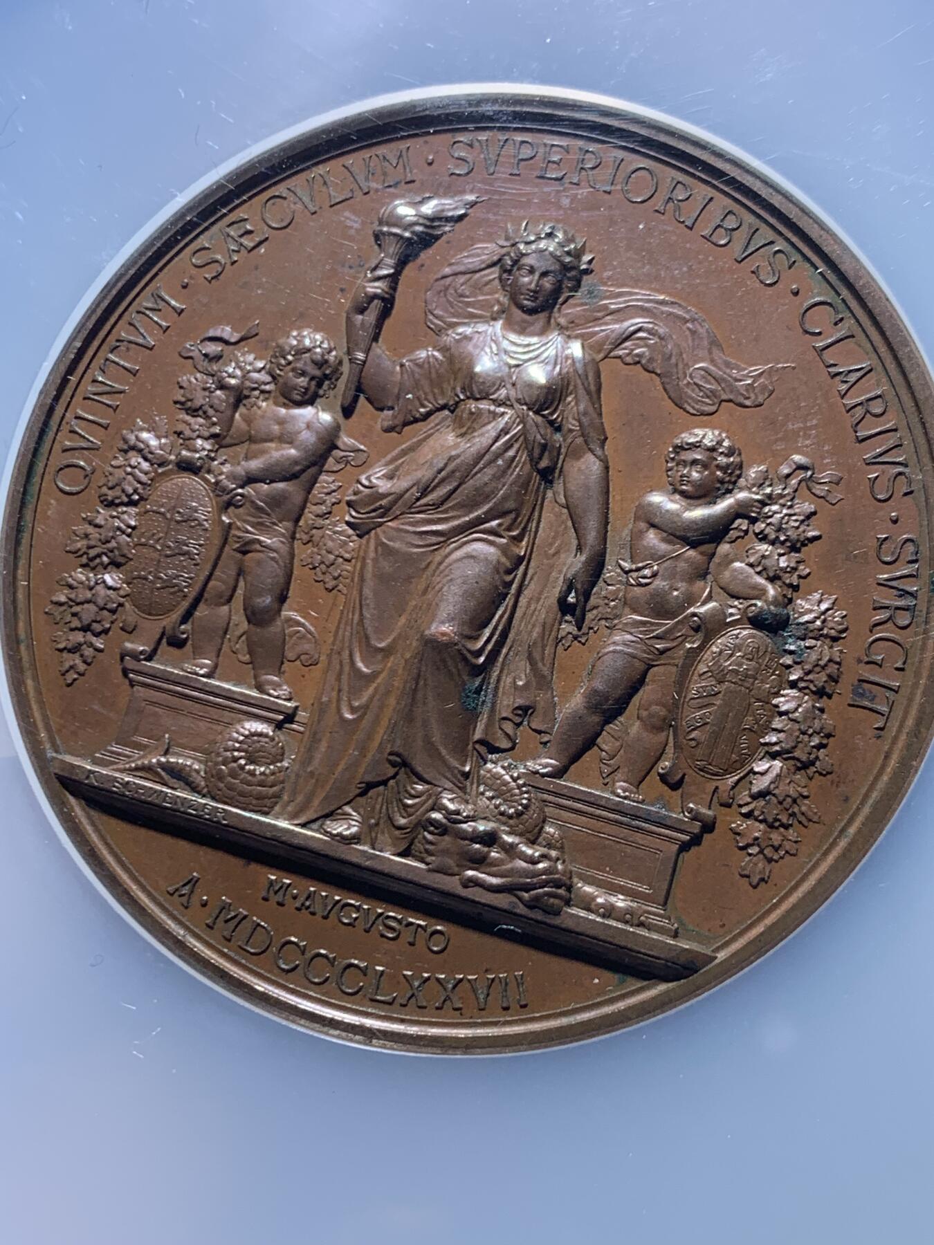 《竞宝斋》第470场 周日，周一，周二 3场连拍 （全场包邮）欢迎送拍 NGC MS62BN 德国 1877 符腾堡王国 图宾根大学建校400周年 大铜章 加厚加大盒