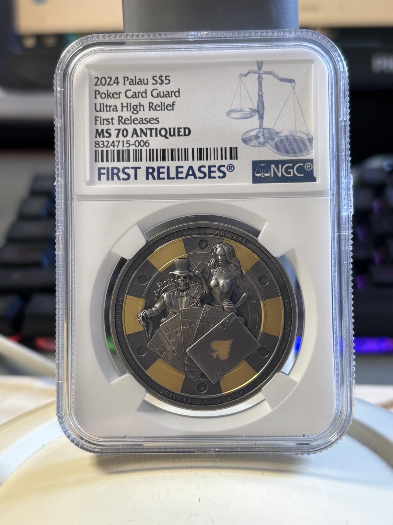 第194期拍卖 帕劳2024年扑克警卫镀金仿古浮雕银币NGC-MS70,9999银，1盎司，发行1111枚